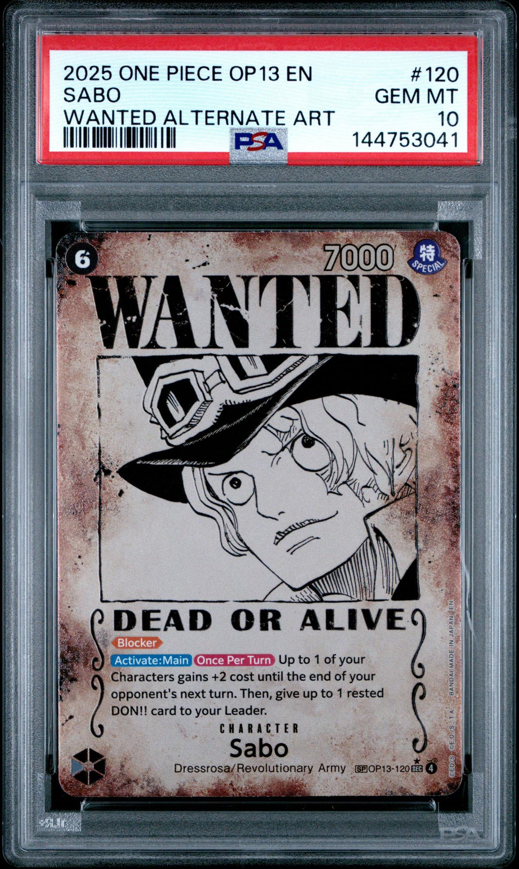 2025 One Piece Carrying On His Will Wanted Poster Alternate Art Sabo #OP13-120 /120 PSA 10