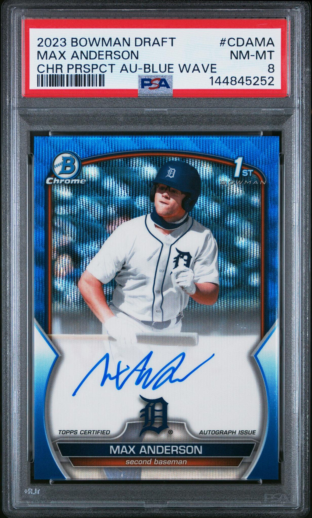 2023 Bowman Draft Chrome Prospect Autograph Blue Wave Refractor Max Anderson #CDAMA /150 PSA 8