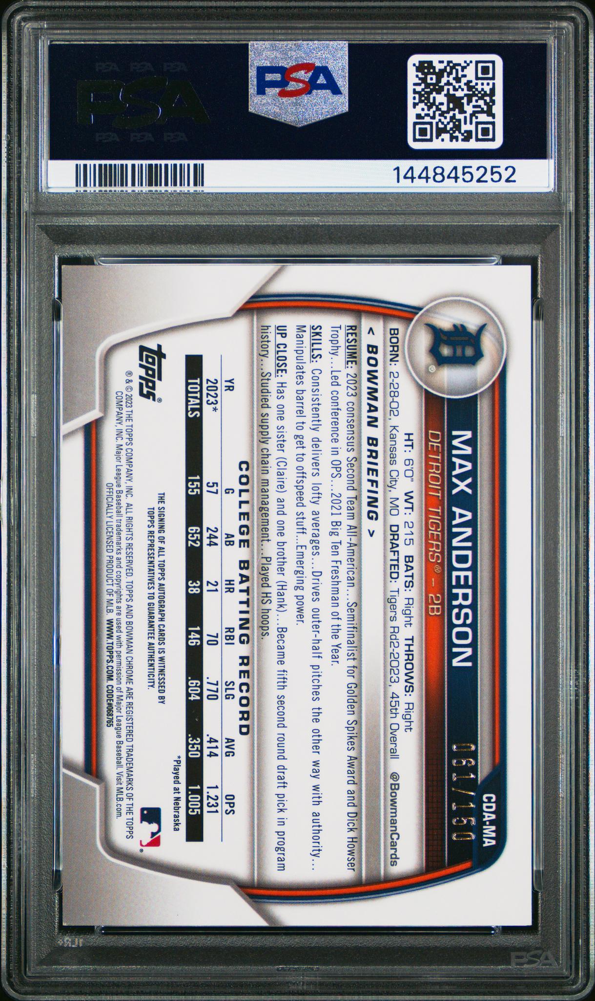 2023 Bowman Draft Chrome Prospect Autograph Blue Wave Refractor Max Anderson #CDAMA /150 PSA 8