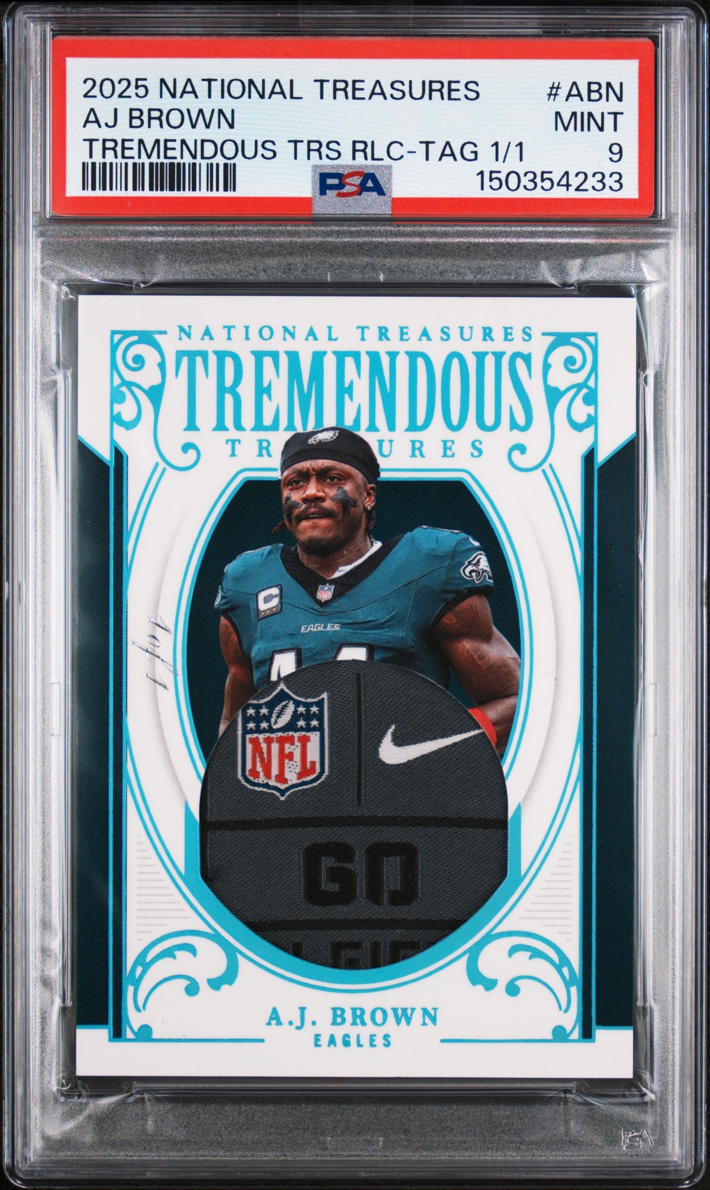 2025 Panini National Treasures Tremendous Treasures Relic Laundry Tag 1/1 Aj Brown #ABN PSA 9