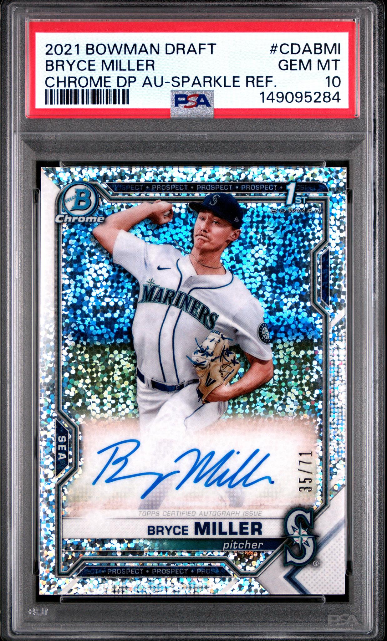 2021 Bowman Draft Chrome Autograph Sparkle Refractor Bryce Miller #CDABMI /71 PSA 10