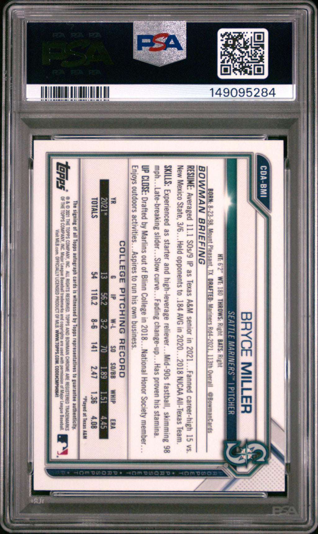2021 Bowman Draft Chrome Autograph Sparkle Refractor Bryce Miller #CDABMI /71 PSA 10