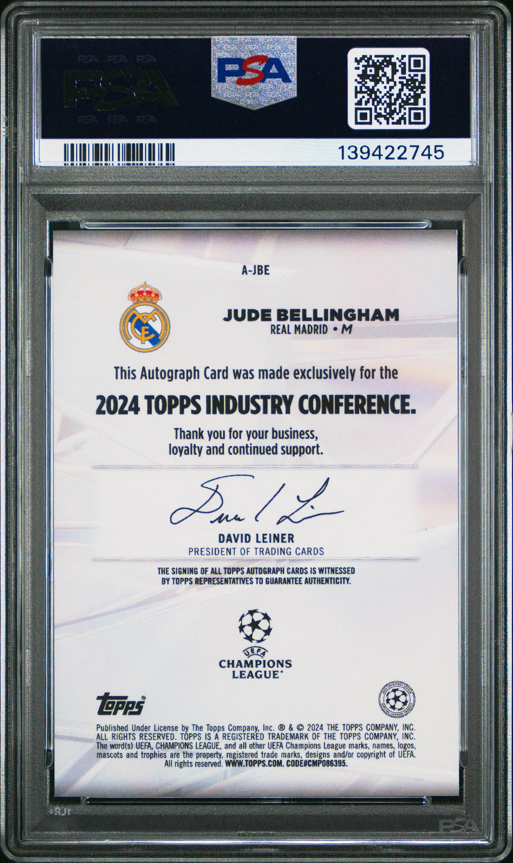 2024 Topps Industry Conference Autographs Blue Jude Bellingham #AJBE /15 PSA 8