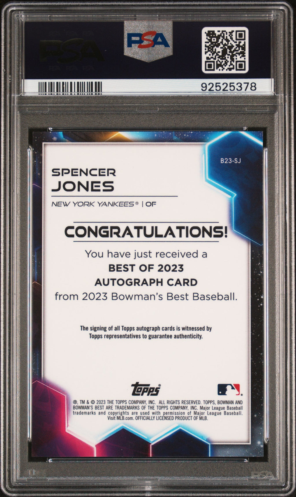 2023 Bowman's Best Best of '23 Autograph Spencer Jones #B23SJ PSA 10