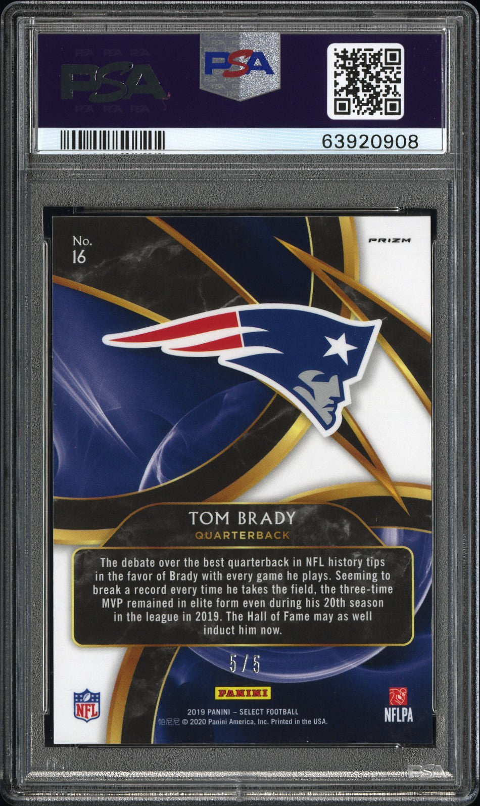 2019 Panini Select Sensations Prizm Green Tom Brady #16 /5 5/5 PSA 10