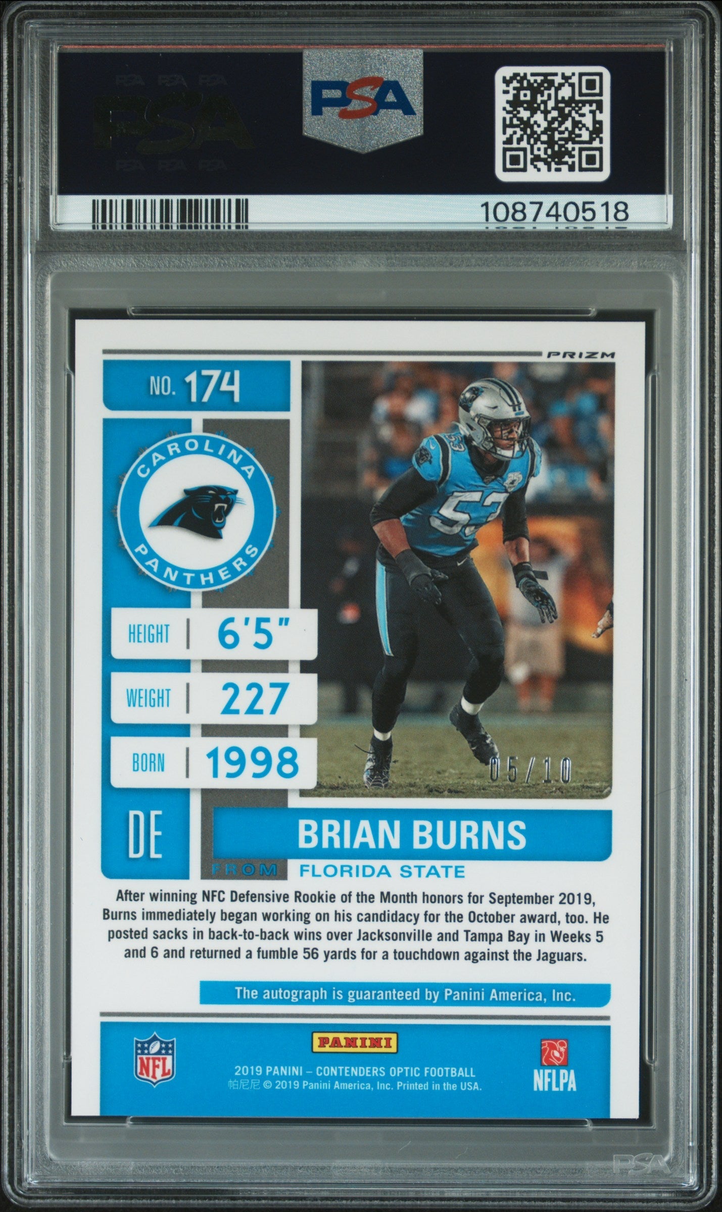 2019 Panini Contenders Optic Autograph-Gold Brian Burns #174 /10 PSA 10