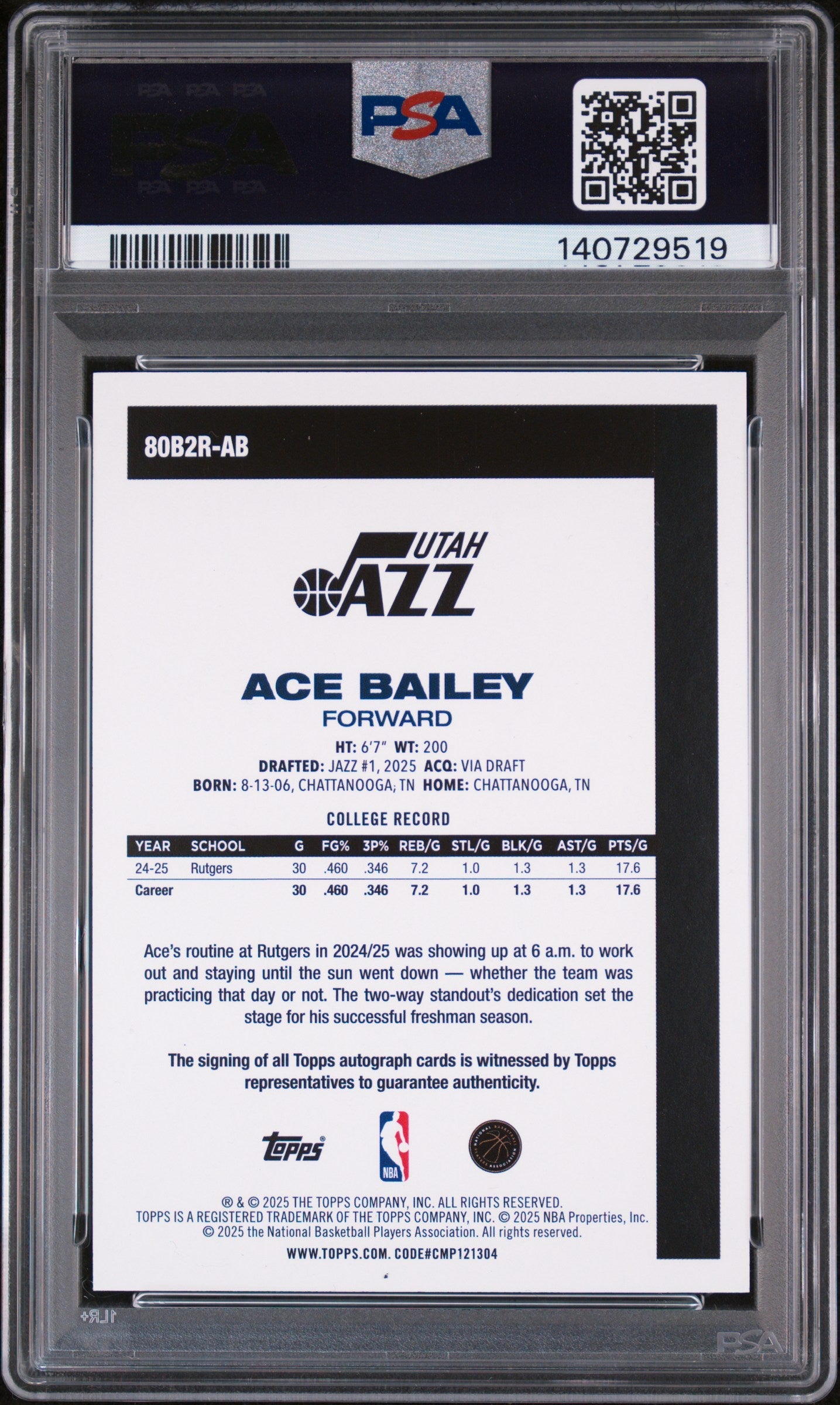 2025 Topps 1980-81 Topps Basketball Rookie Autographs Ace Bailey #80B2R-AB PSA 9