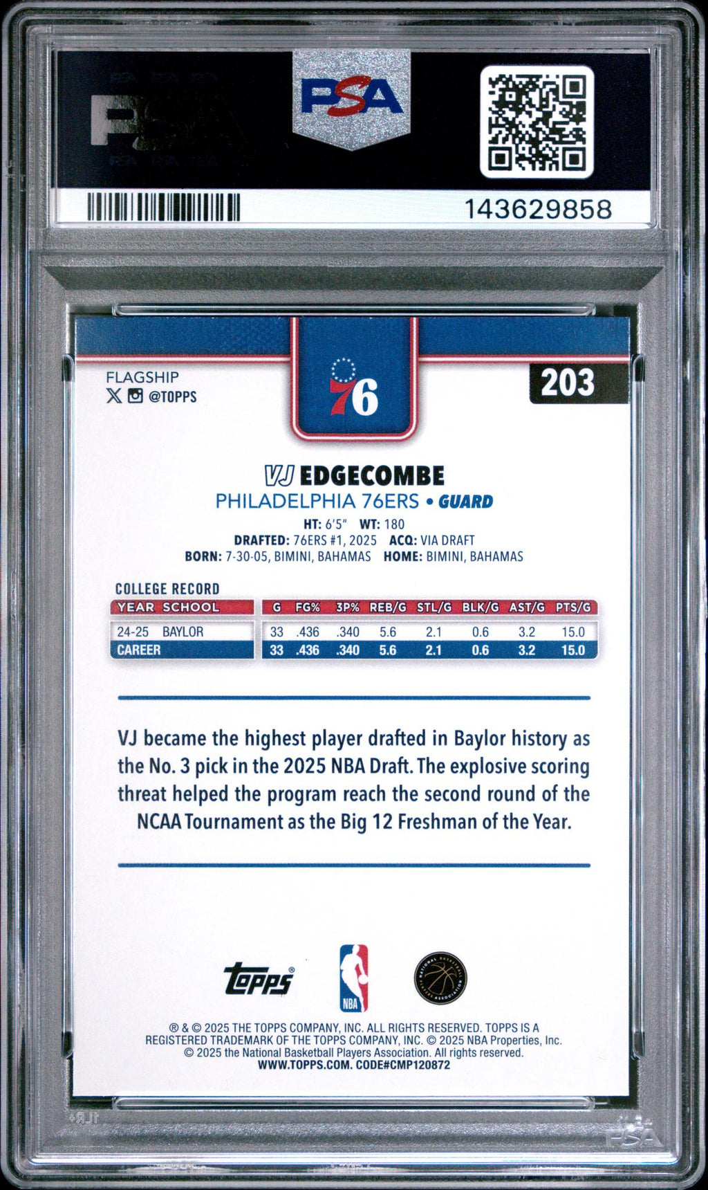 2025 Topps Series 1 Holo Foil Vj Edgecombe #203 PSA 10