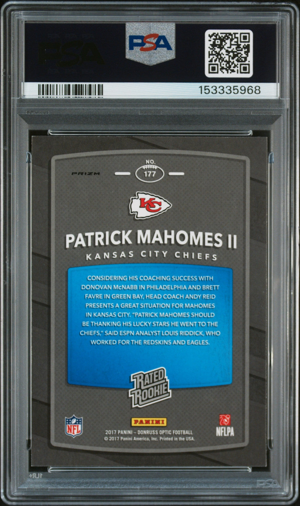 2017 Donruss Optic Rated Rookie Holo Patrick Mahomes II #177 PSA 8