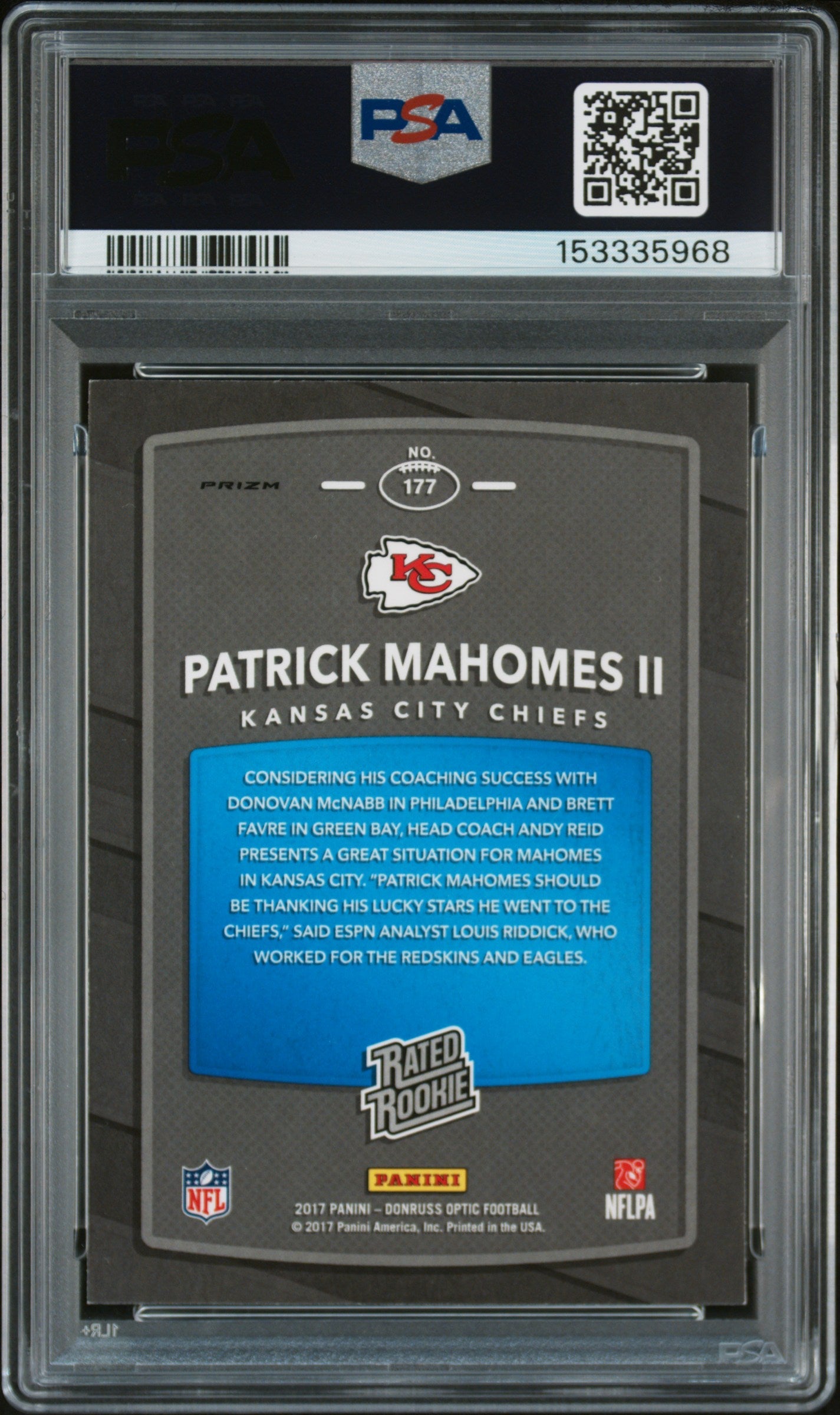 2017 Donruss Optic Rated Rookie Holo Patrick Mahomes II #177 PSA 8