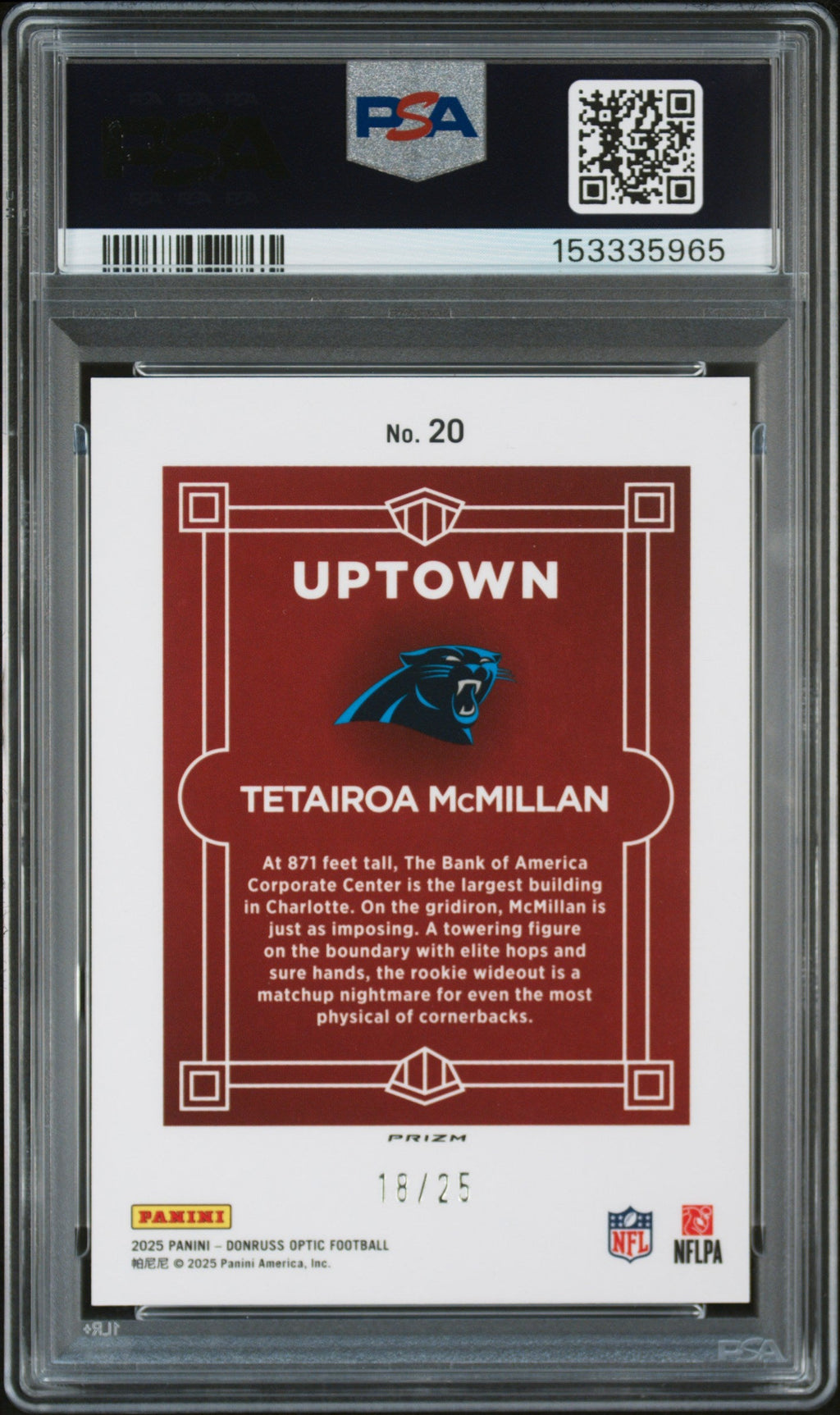 2025 Panini Donruss Optic Uptown White Pandora Tetairoa Mcmillan #20 /25 PSA 10