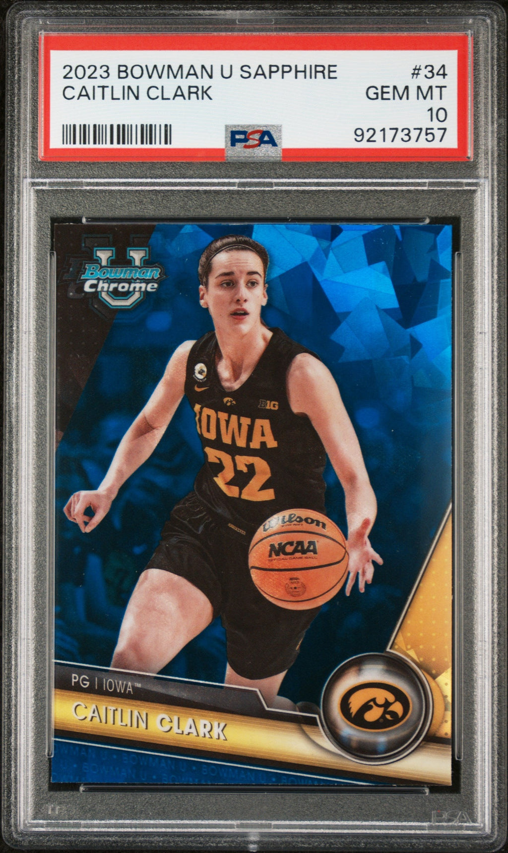 2023 Bowman University Chrome Sapphire Caitlin Clark #34 PSA 10