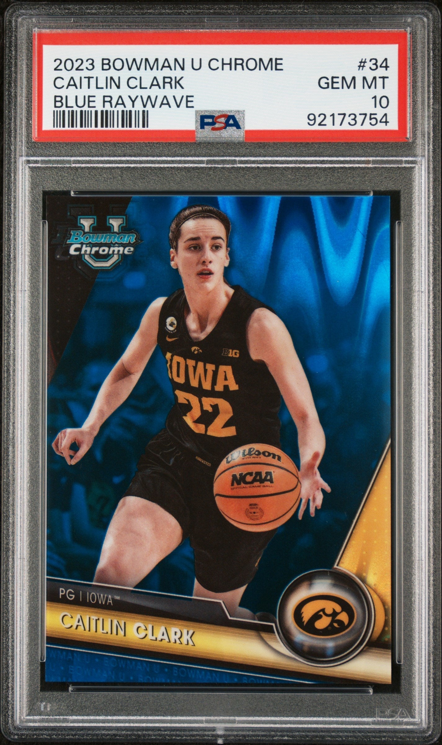 2023 Bowman Chrome University Blue Raywave Refractor Caitlin Clark #34 /199 PSA 10