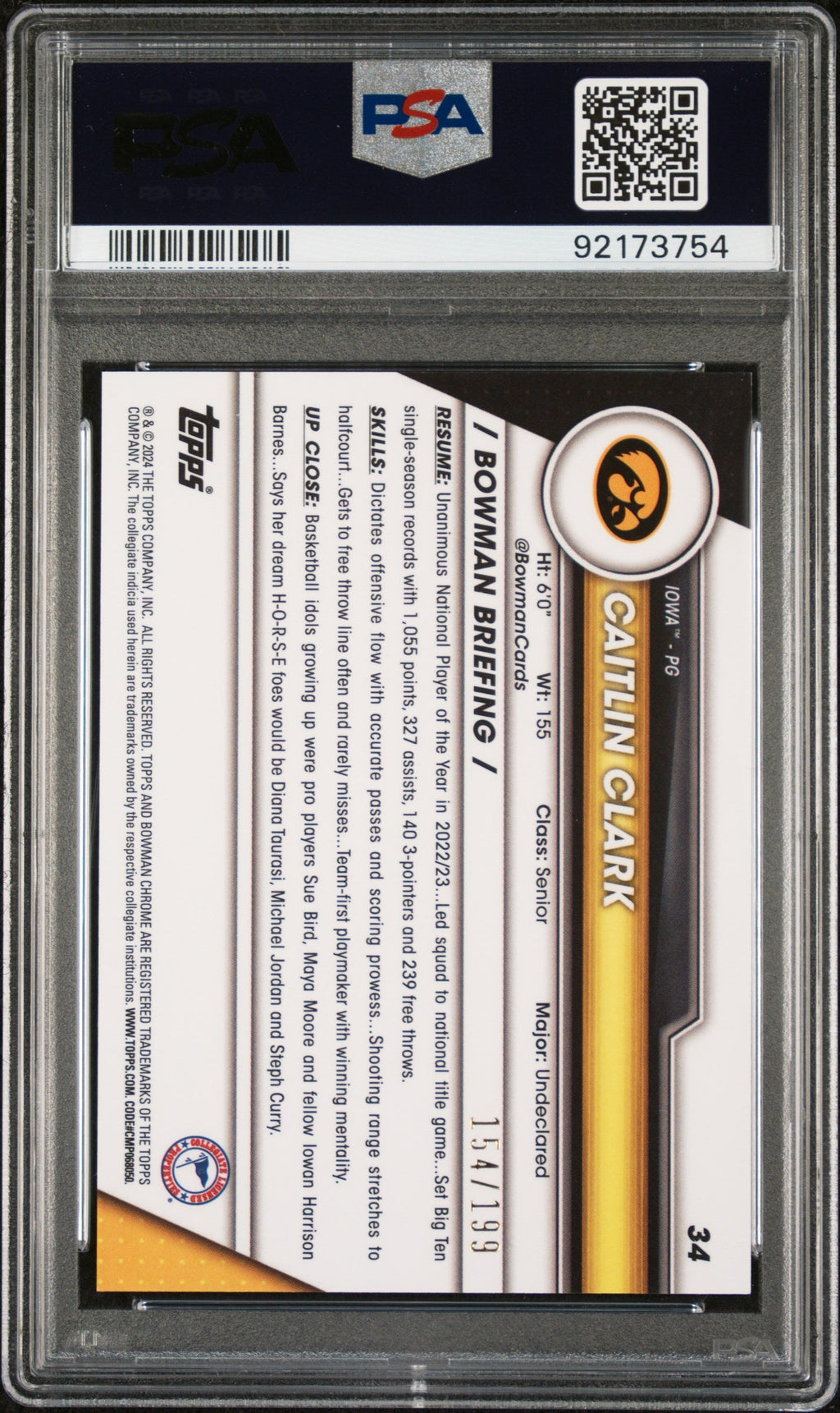 2023 Bowman Chrome University Blue Raywave Refractor Caitlin Clark #34 /199 PSA 10
