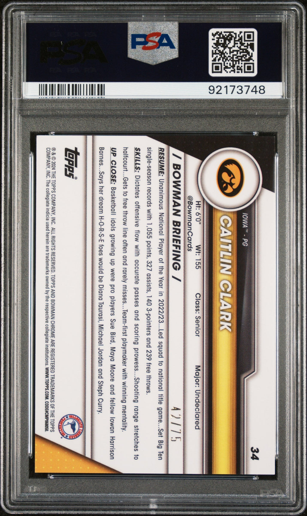 2023 Bowman University Chrome Yellow Caitlin Clark #34 /75 PSA 10