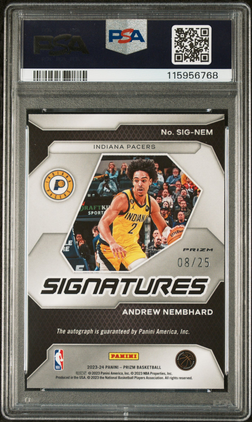 2023 Panini Prizm Signatures Signature-Mojo Prizm Andrew Nembhard #SIGNEM /25 PSA 10