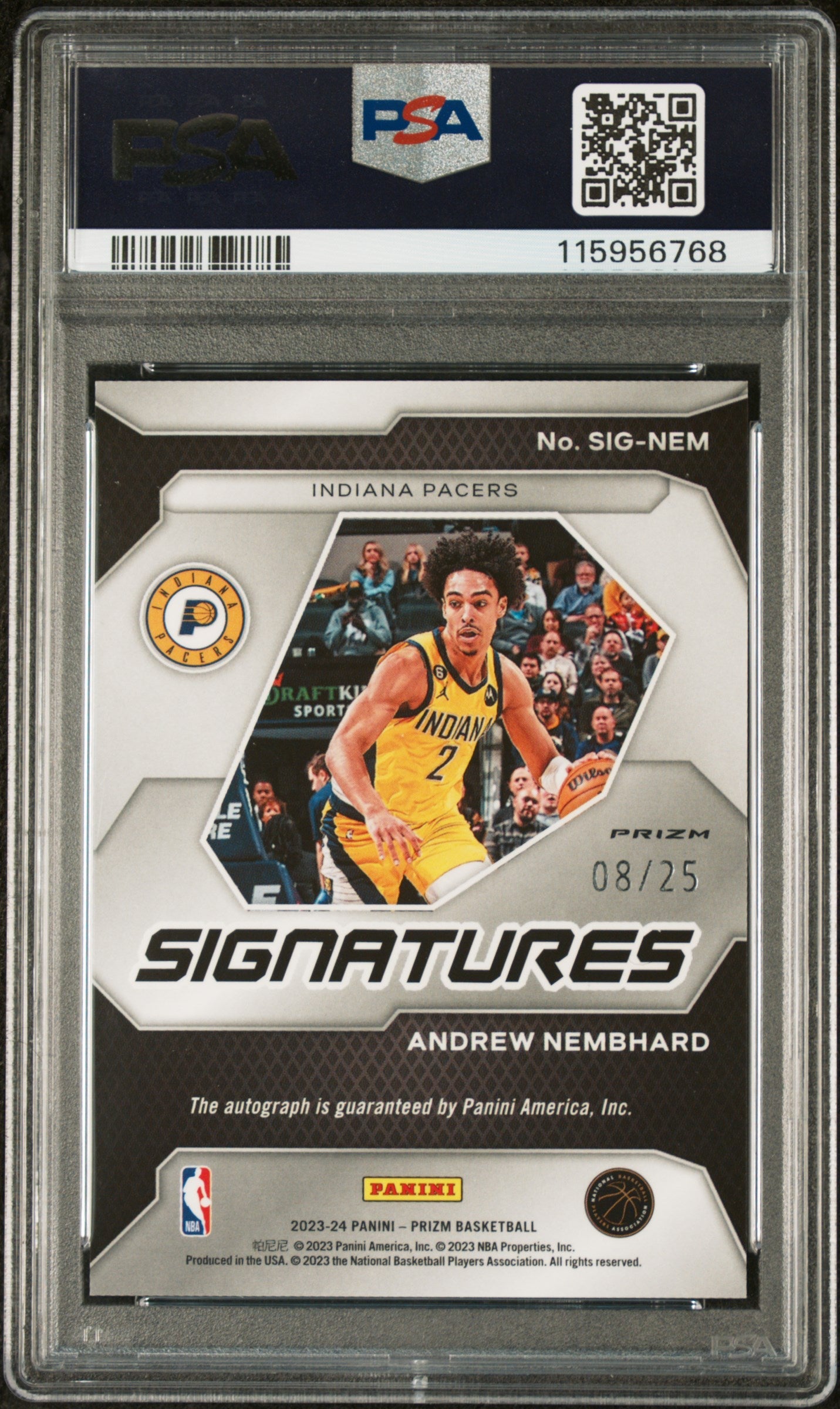 2023 Panini Prizm Signatures Signature-Mojo Prizm Andrew Nembhard #SIGNEM /25 PSA 10