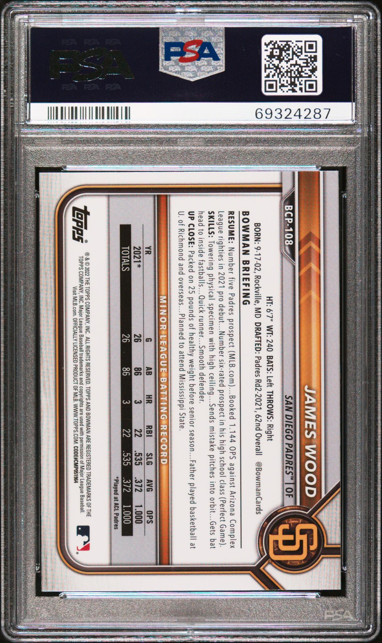 2022 Bowman Chrome Sapphire Prospect James Wood #BCP108 PSA 10