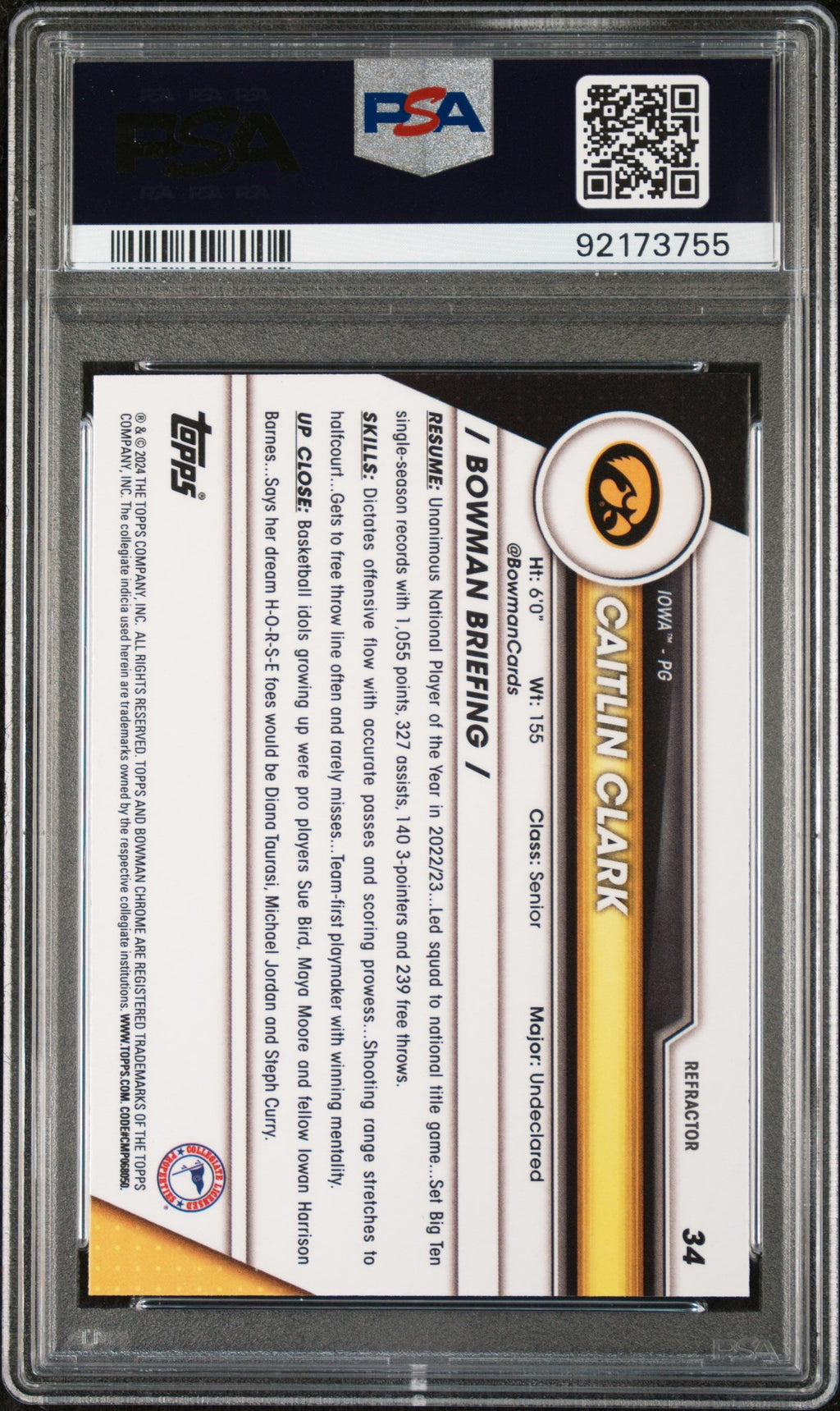 2023 Bowman University Chrome Caitlin Clark #34 PSA 10