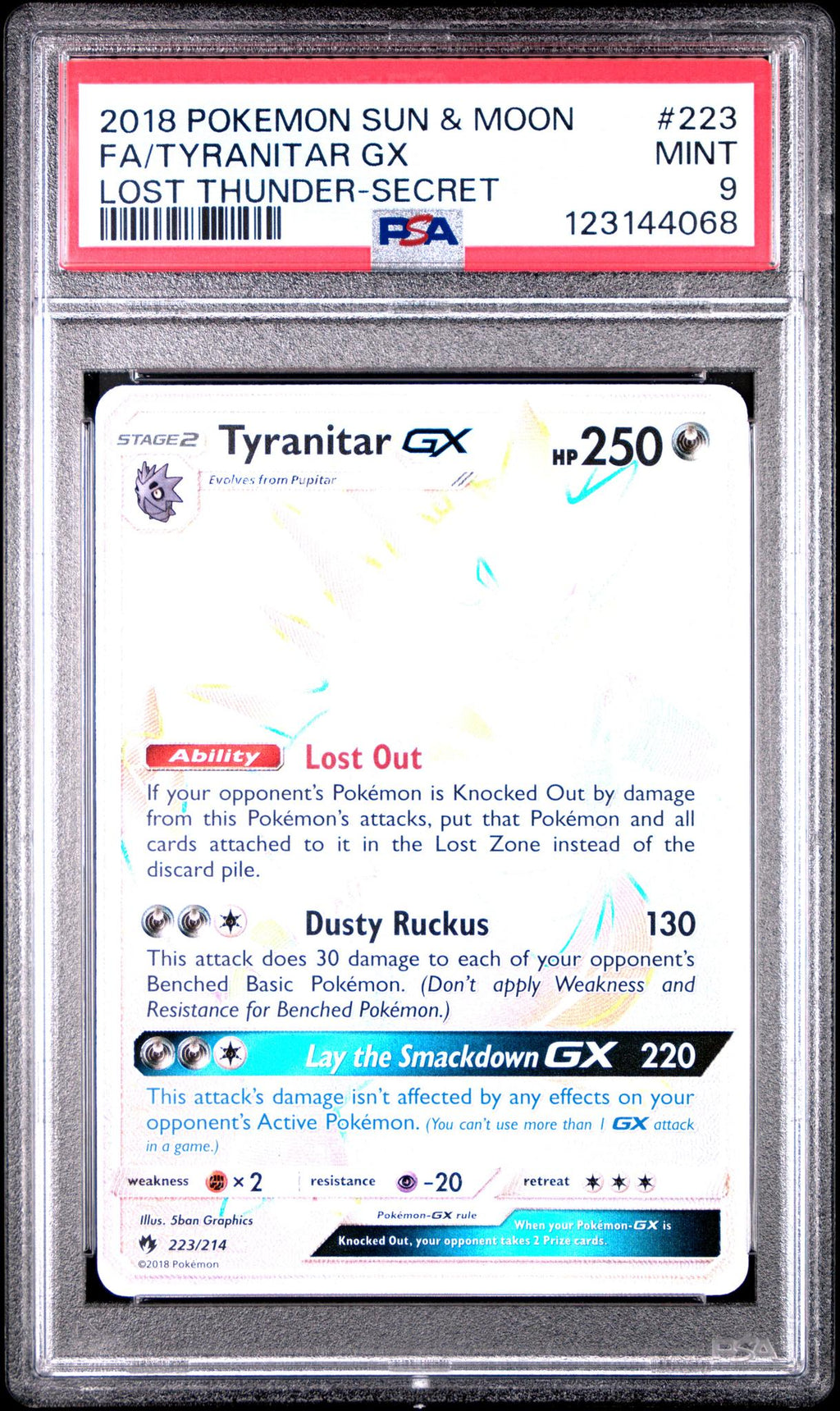 2018 Pokemon Sun and Moon Lost Thunder Secret Rare Tyranitar Gx #223 PSA 9