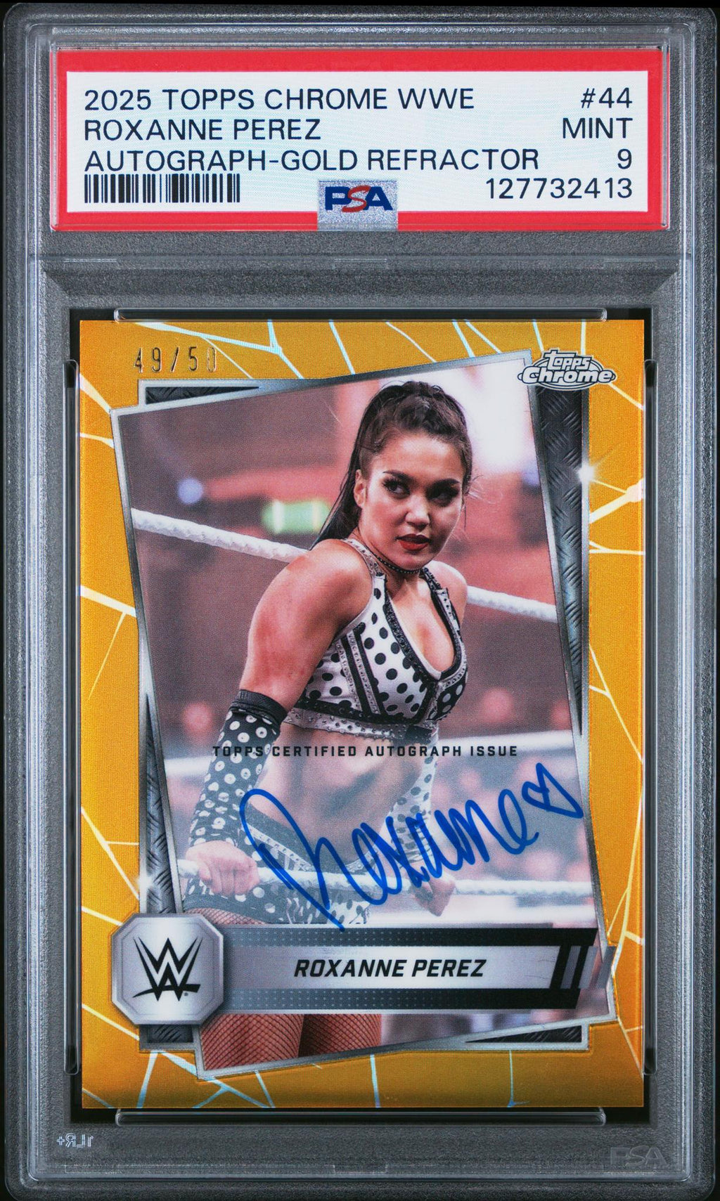 2025 Topps Chrome WWE Autograph-Gold Refractor Roxanne Perez #44 /50 PSA 9