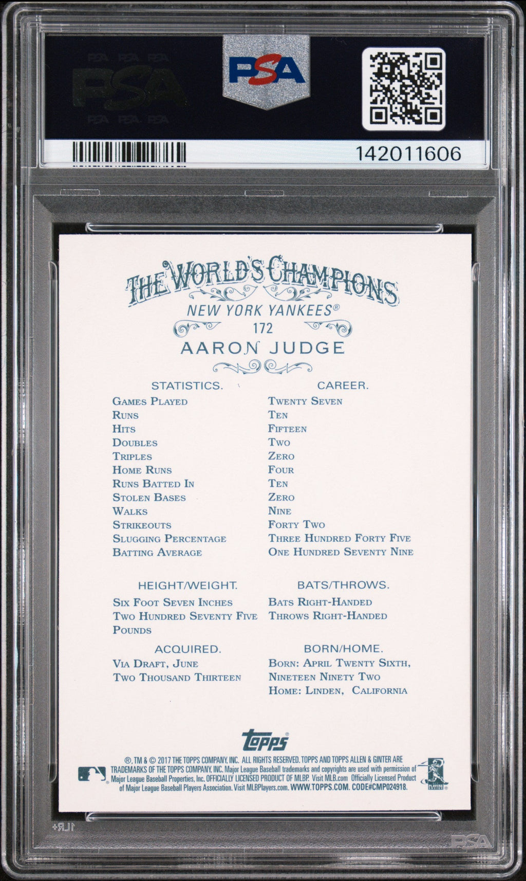 2017 Topps Allen and Ginter Aaron Judge #172 PSA 10