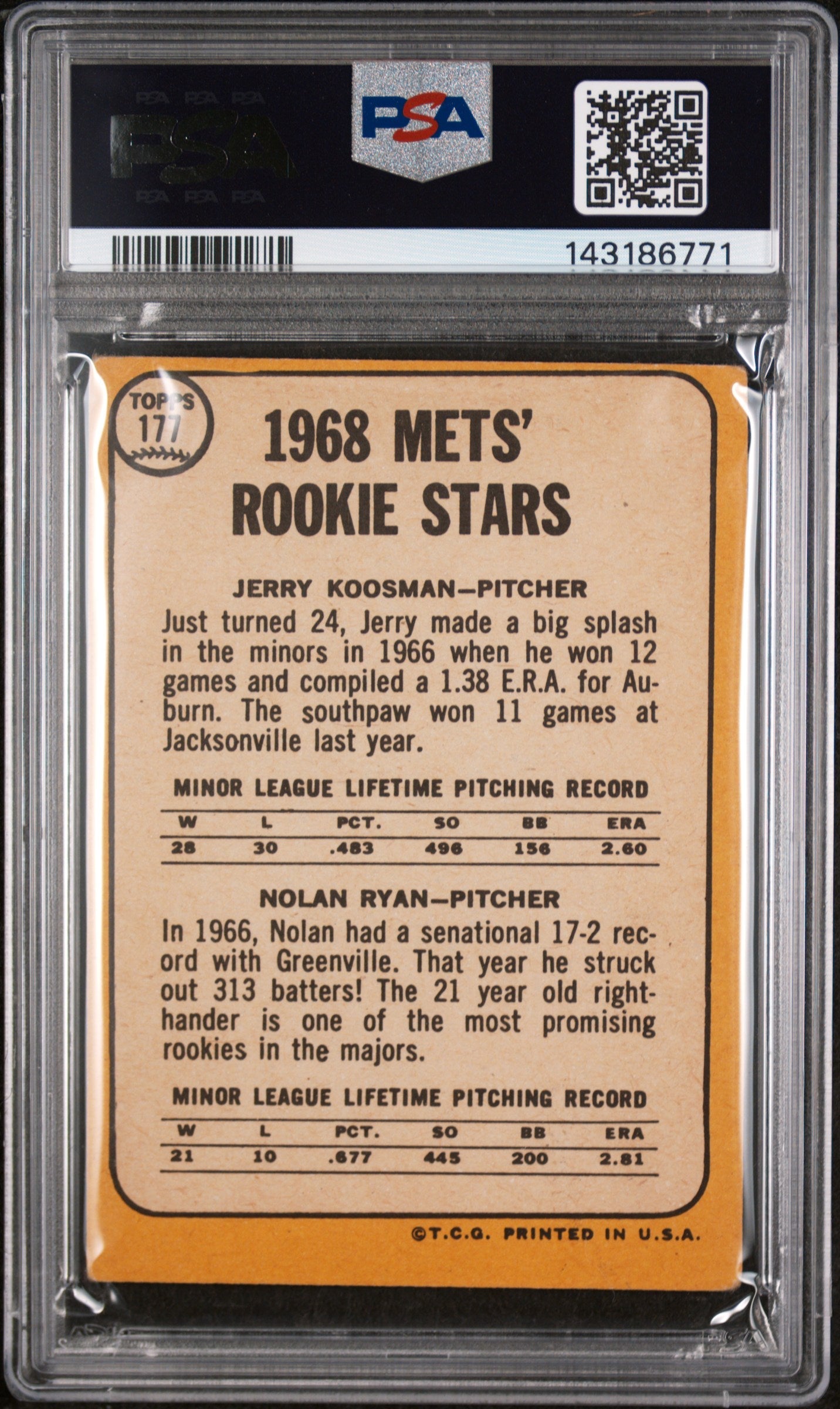 1968 Topps Mets Rookie Stars Jerry Koosman/Nolan Ryan #177 PSA 2