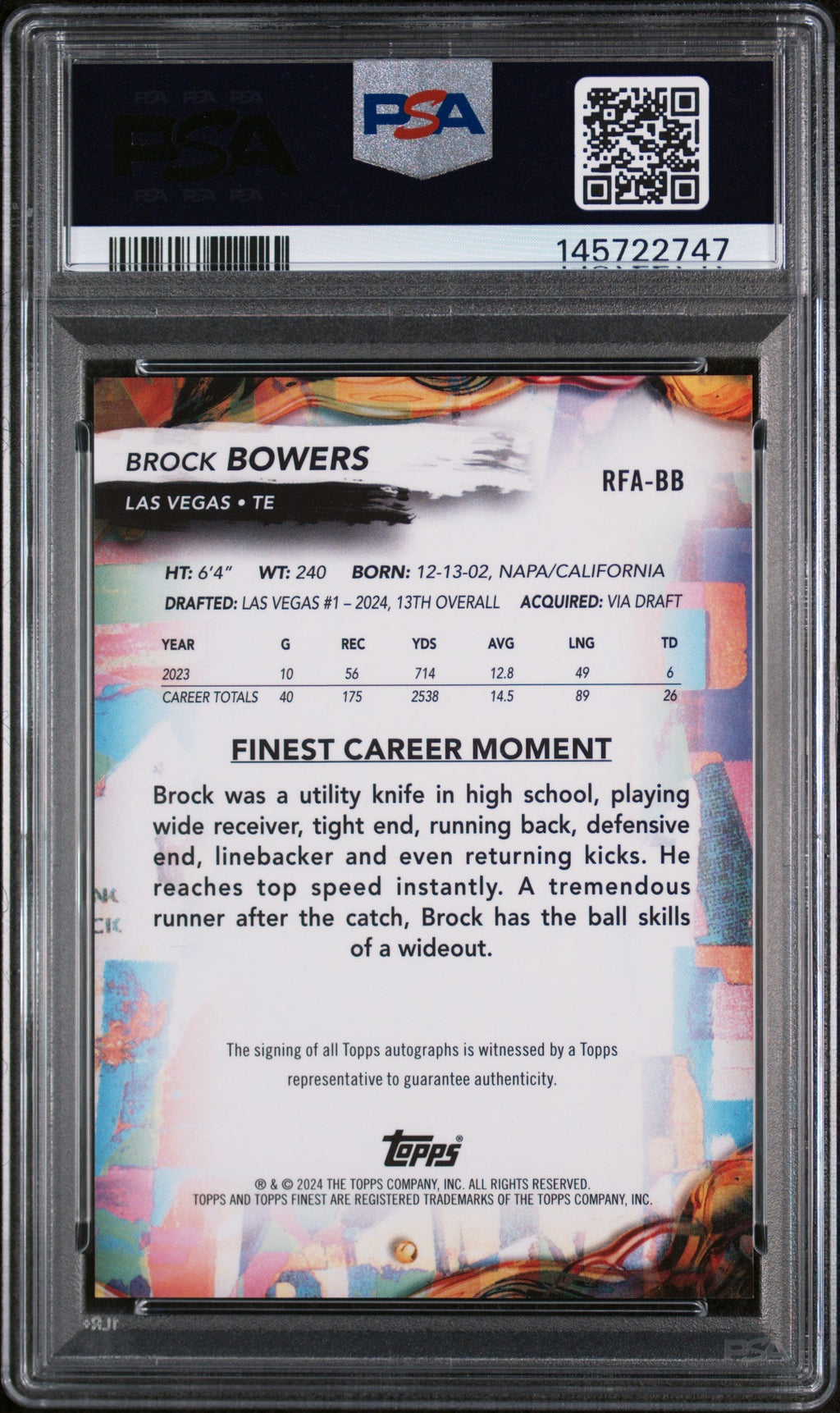 2024 Topps Finest Rookie Finest Autographs Brock Bowers #RFABB PSA 9