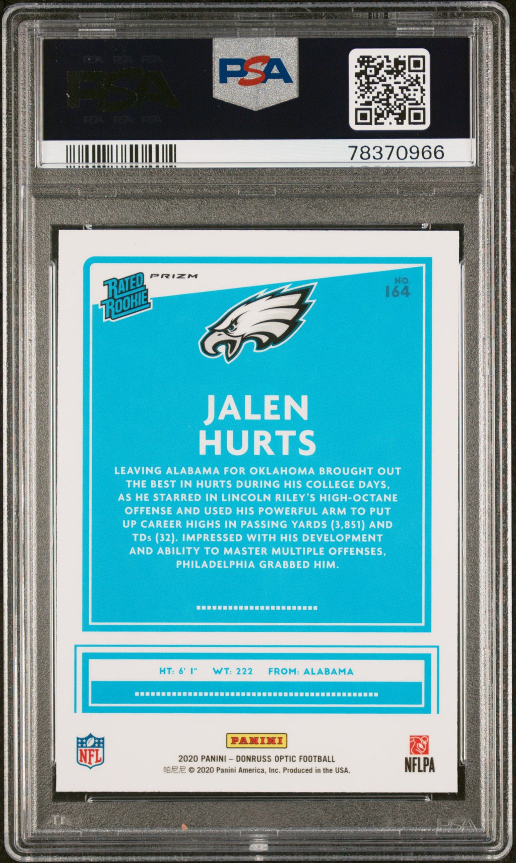 2020 Donruss Optic Rated Rookie Blue Hyper Jalen Hurts #164 PSA 10