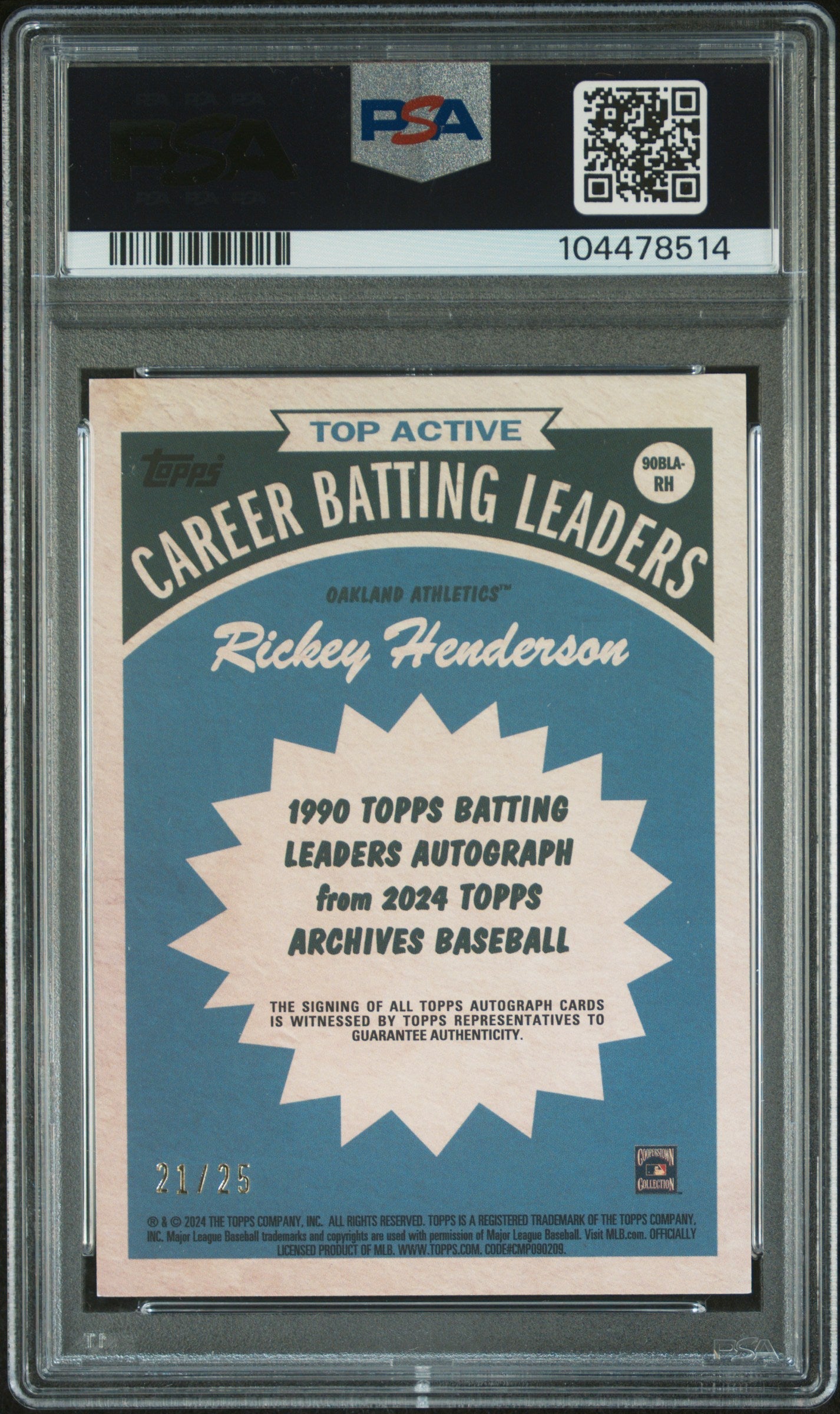 2024 Topps Archives 1990 Batting Leaders Autographs '90 Bat Leaders Au-Blu Flbrd Rickey Henderson #RH /25 PSA 8