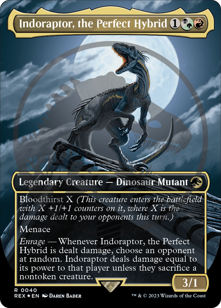 FOIL Indoraptor, the Perfect Hybrid (Borderless) (Emblem) (REX-040) - Jurassic World Collection - Magic The Gathering
