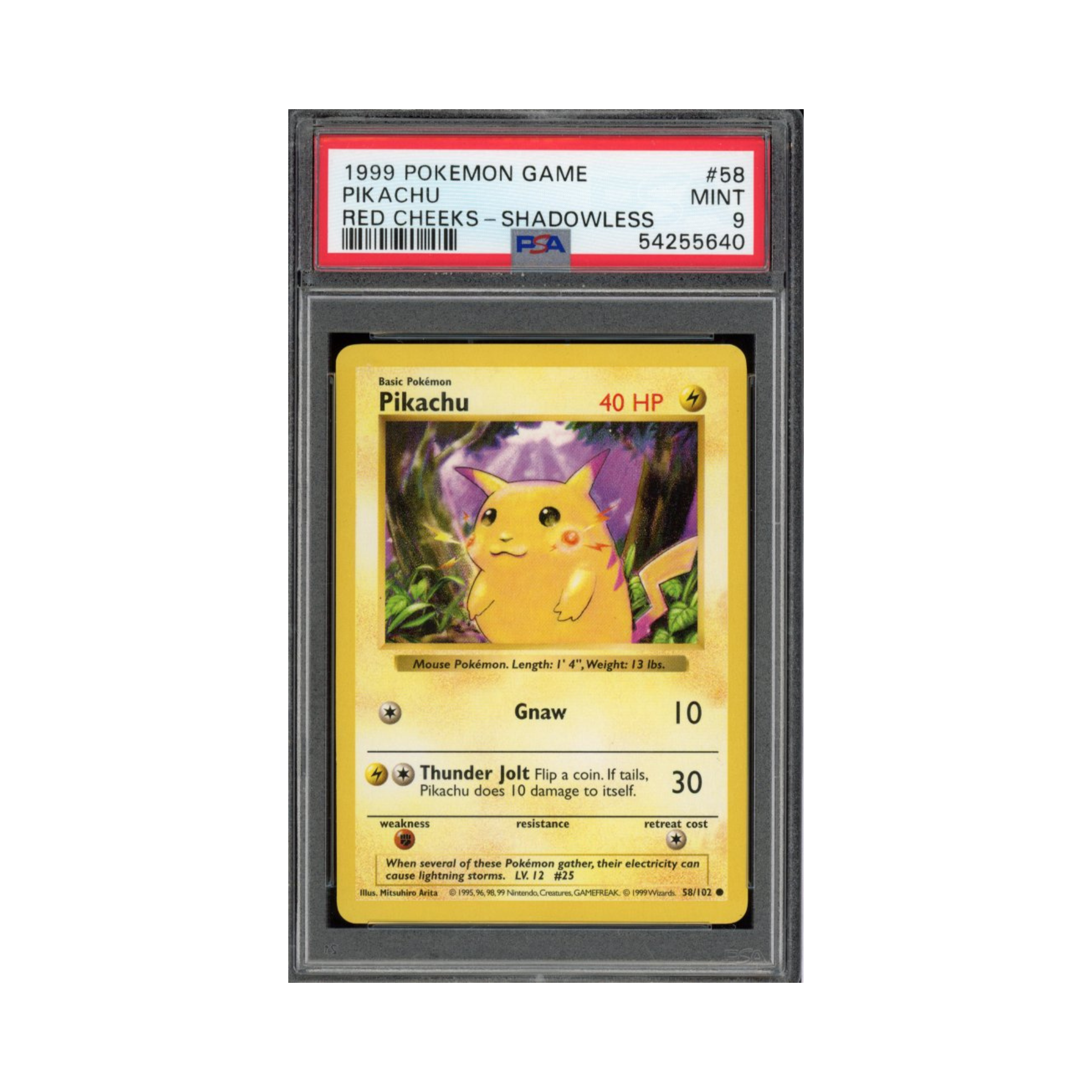 1999 Pokemon Shadowless Red Cheeks Pikachu #58 PSA 9