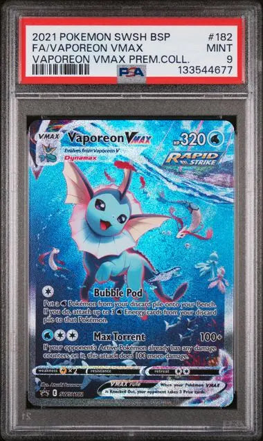 PSA 9 - 2021 POKEMON SWSH BLACK STAR PROMO #182 FA/VAPOREON VMAX VAPOREON VMAX PREM.COLL.