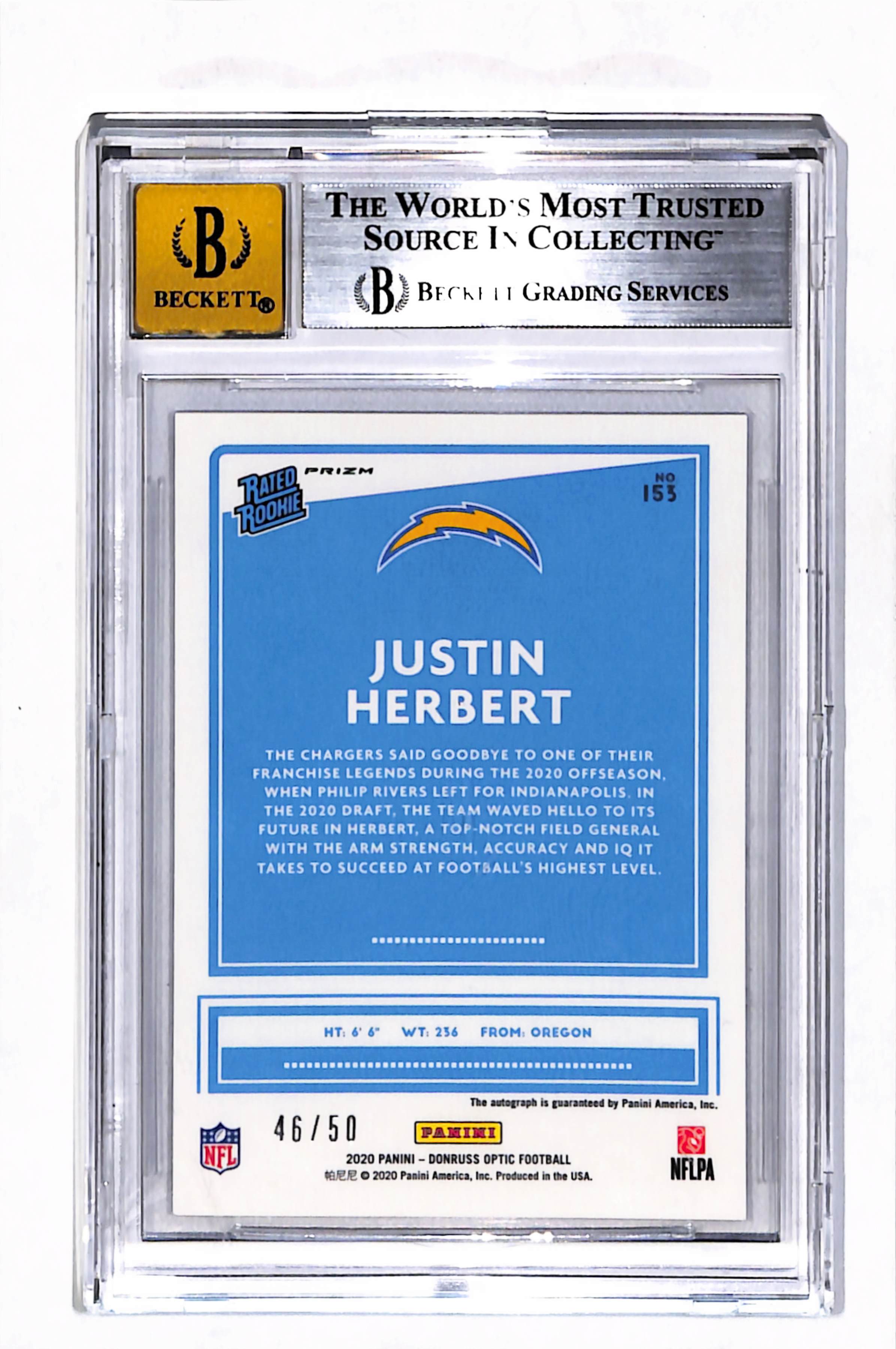 2020 Donruss Optic Rated Rc Purple Stars Justin Herbert #153 BGS 8 Auto 10 /50
