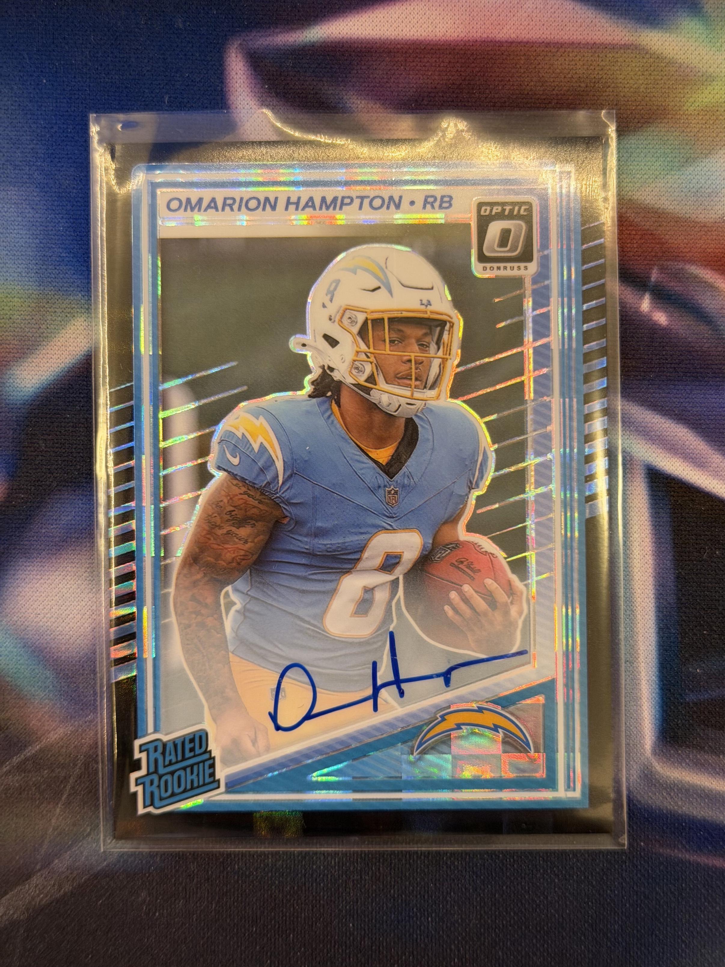 2025 NFL Panini Donruss Optic - Omarion Hampton Rated Rookie Auto Black Pandora Prizm Limited to /35 - Chargers - Raw Ungraded Card