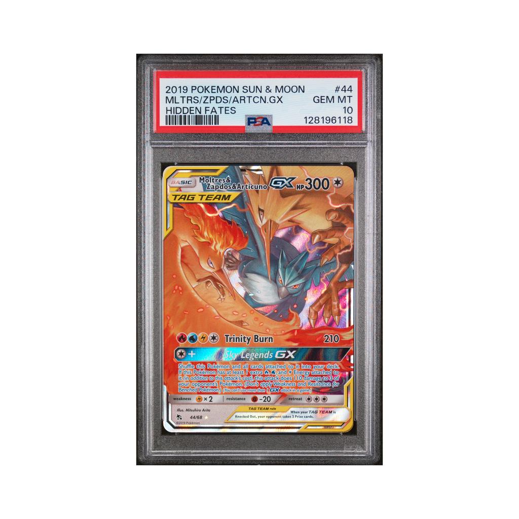2019 Pokemon Hidden Fates Moltres & Zapdos & Articuno-GX #44 PSA 10