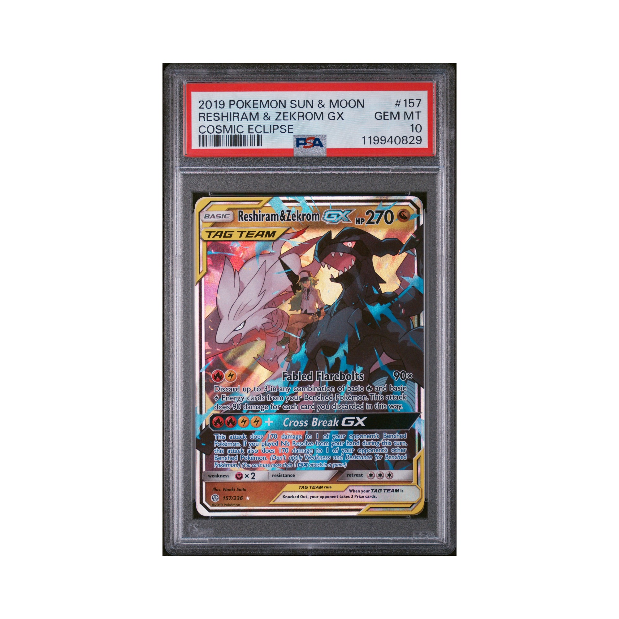 2019 Pokemon Sun & Moon Cosmic Eclipse Reshiram & Zekrom GX #157 PSA 10