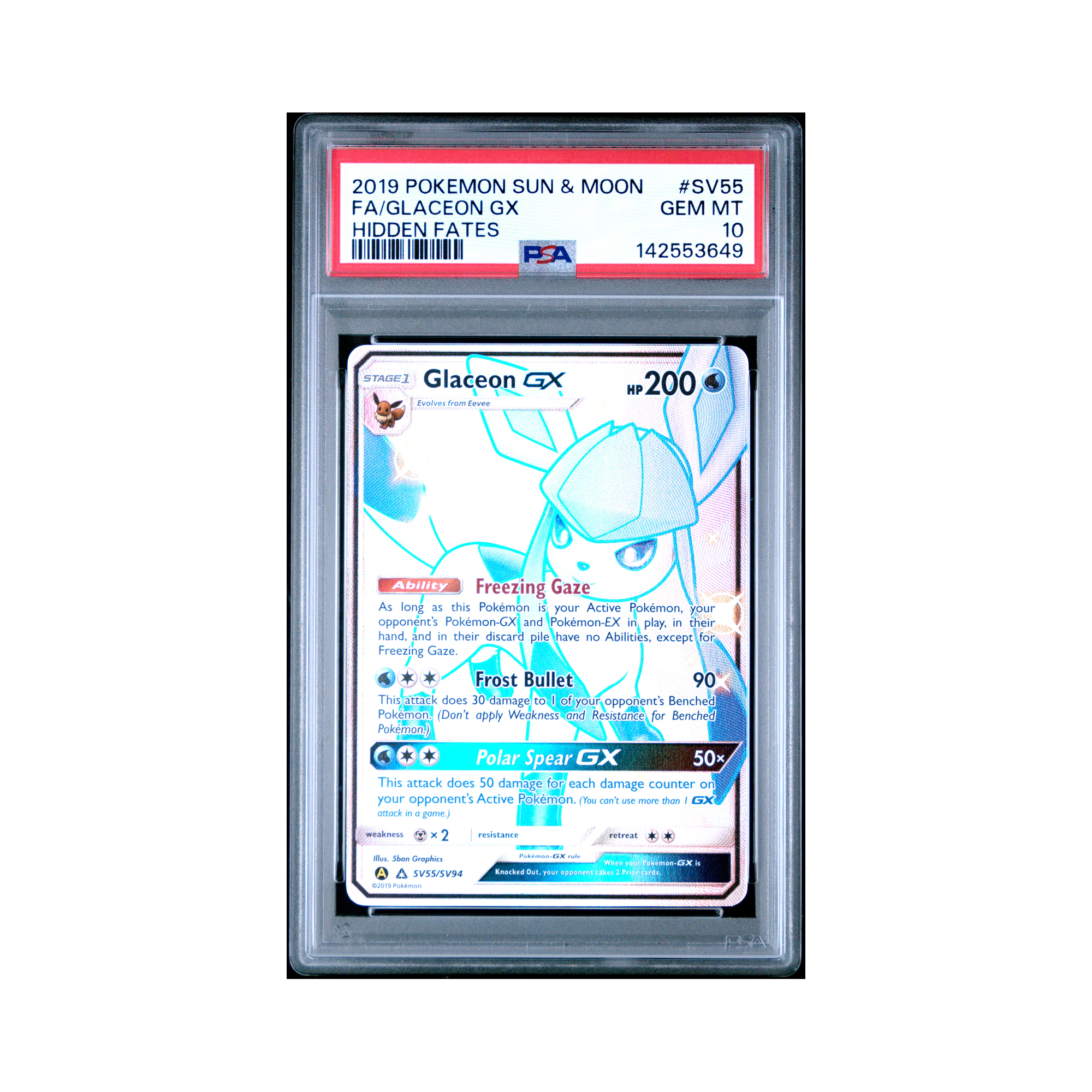 2019 Pokemon Sun & Moon Hidden Fates Glaceon GX #SV55 PSA 10
