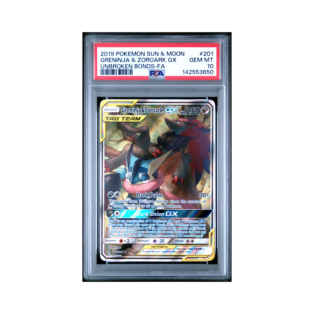 2019 Pokemon Sun & Moon Unbroken Bonds Greninja & Zoroark GX #201 PSA 10