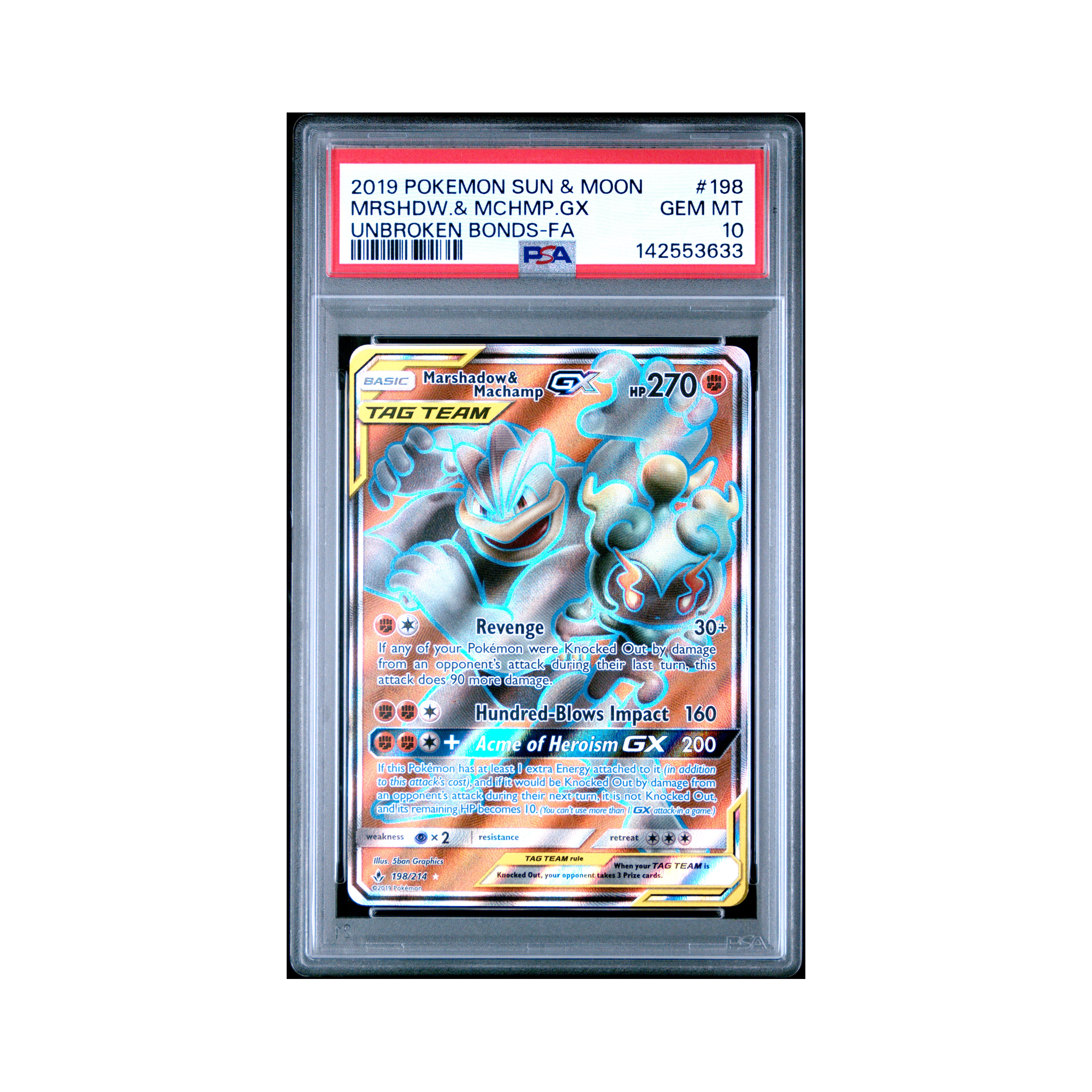 2019 Pokemon Sun & Moon Unbroken Bonds Mrshdw.& Mchmp.gx #198 PSA 10