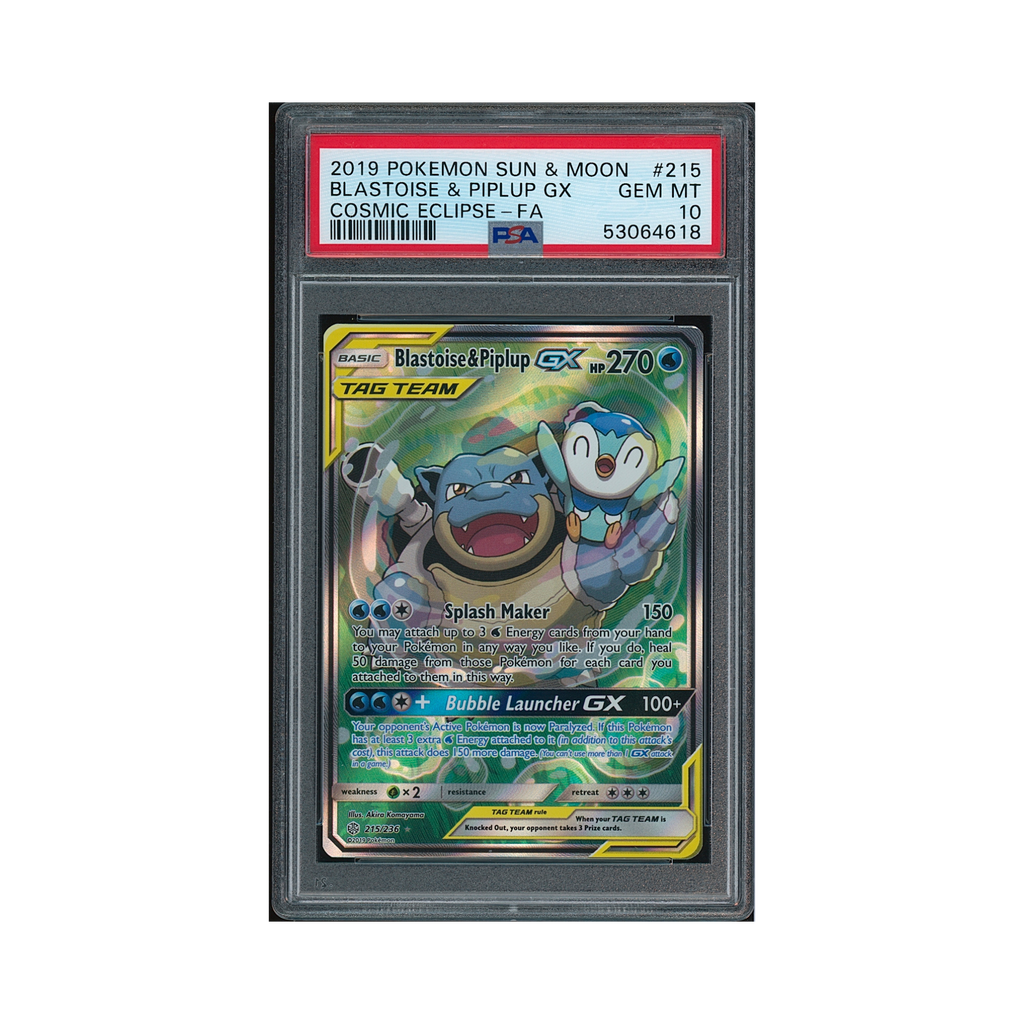2019 Pokemon Sun & Moon Cosmic Eclipse Blastoise & Piplup GX #215 PSA 10