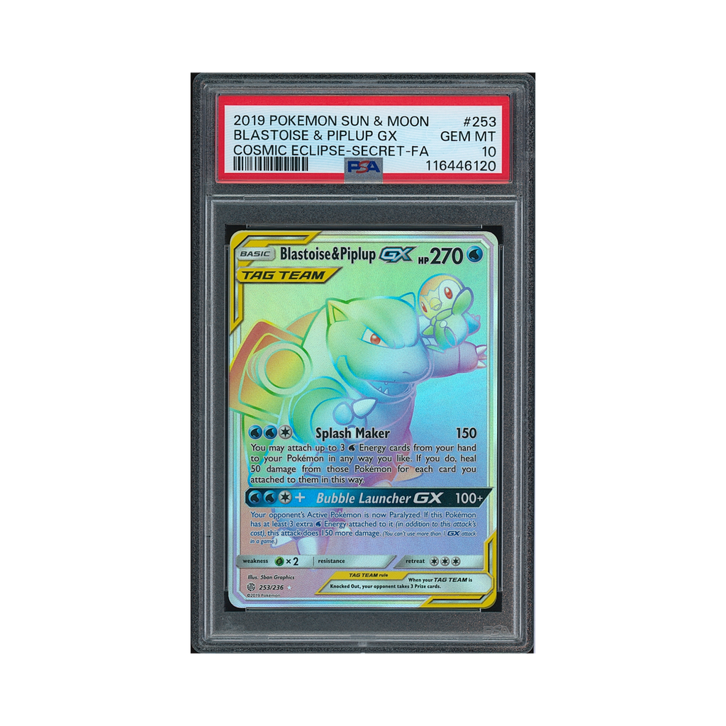 2019 Pokemon Sun & Moon Cosmic Eclipse Blastoise & Piplup GX #253 PSA 10