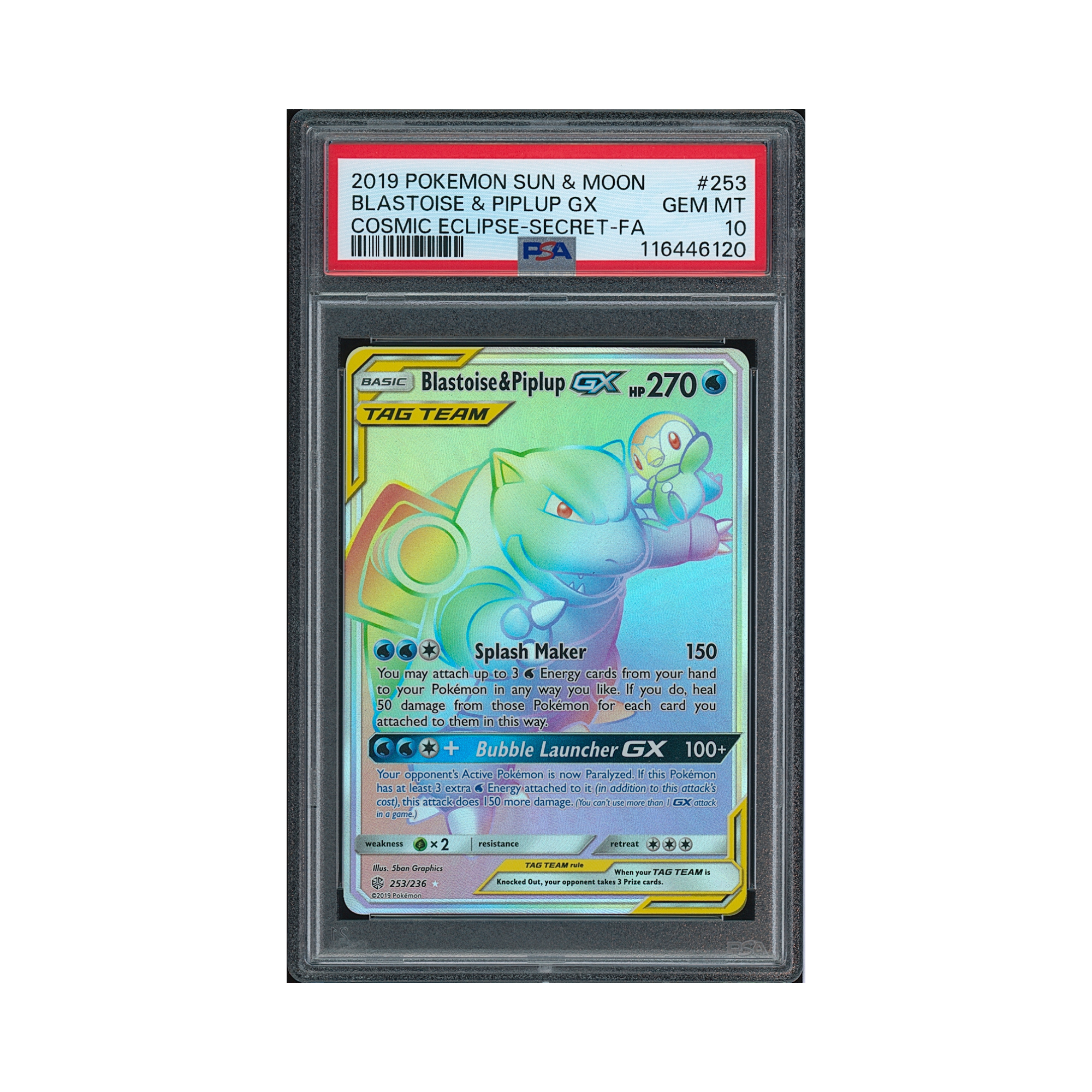 2019 Pokemon Sun & Moon Cosmic Eclipse Blastoise & Piplup GX #253 PSA 10