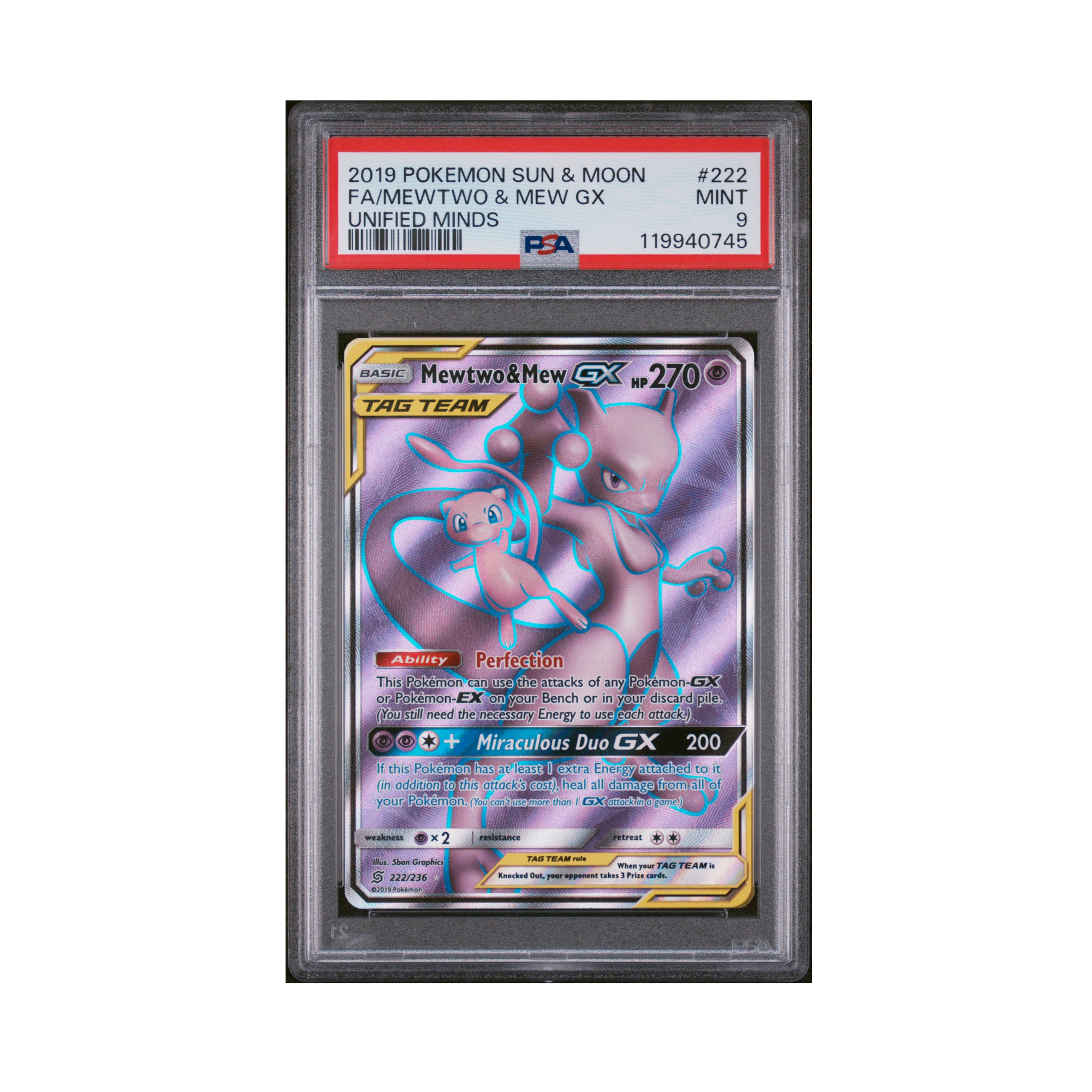 2019 Pokemon Sun & Moon Unified Minds Mewtwo & Mew GX #222 PSA 9