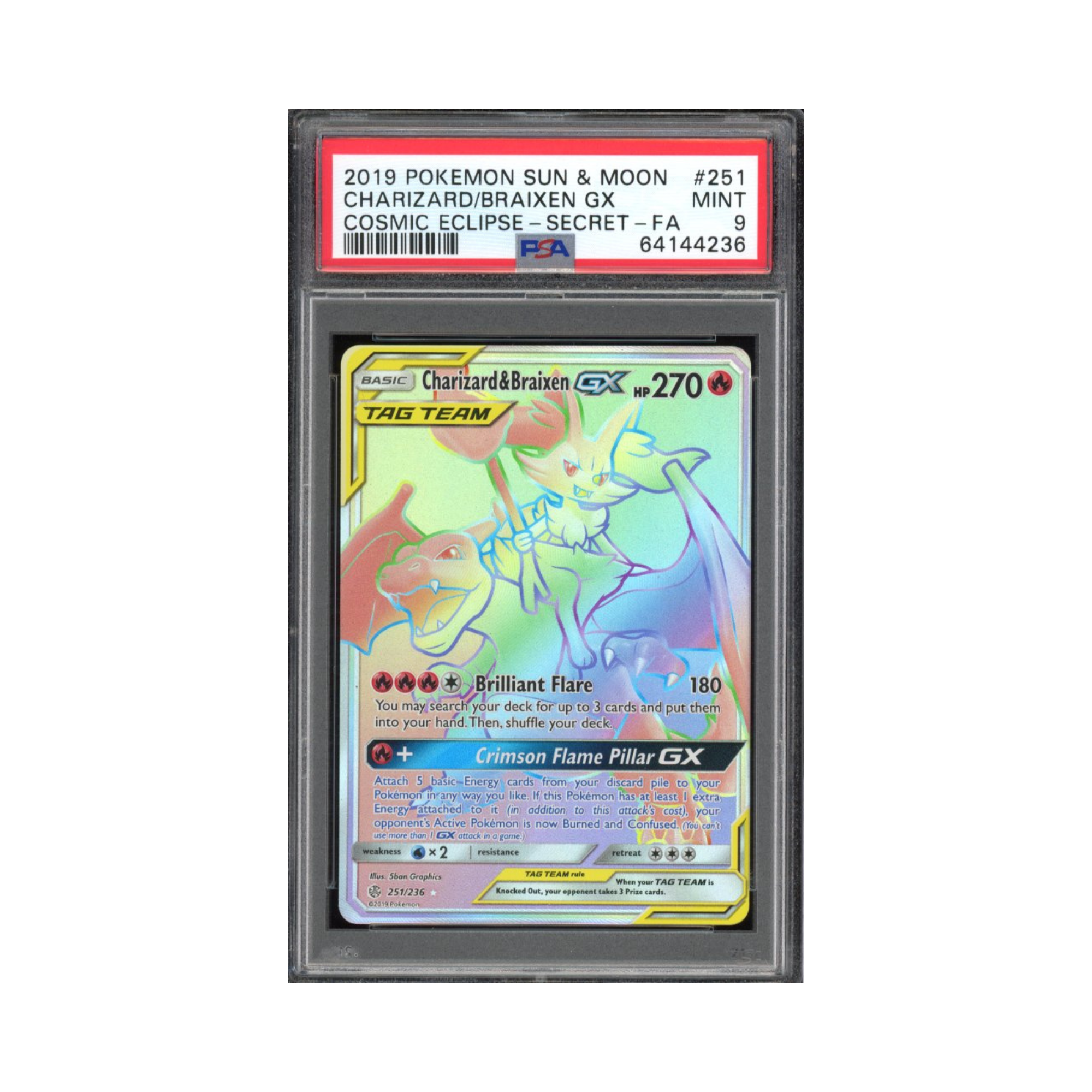 2019 Pokemon Sun & Moon Cosmic Eclipse FA Secret Charizard & Braixen GX #251 PSA 9