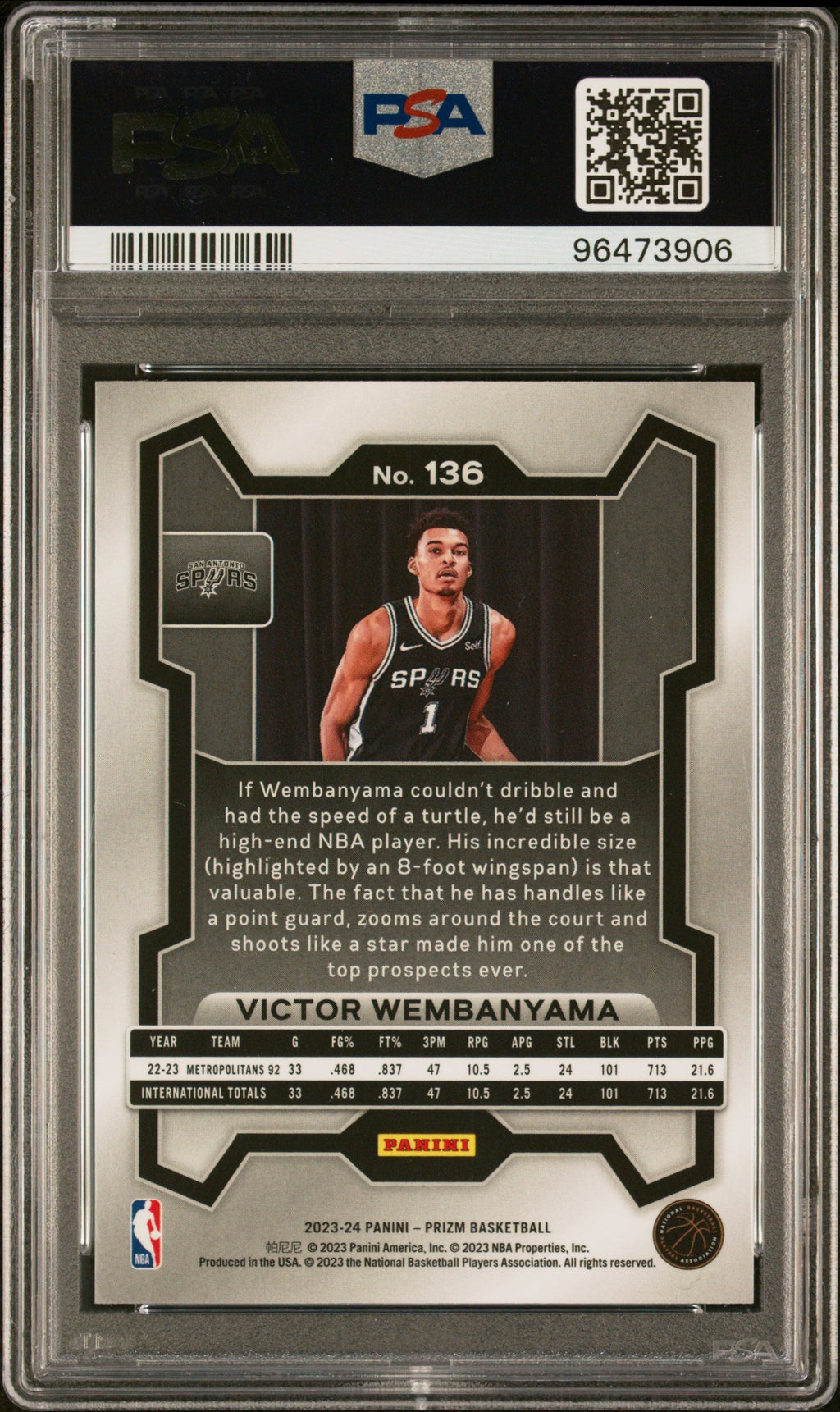 2023-24 Panini Prizm Basketball Victor Wembanyama #136 PSA 10