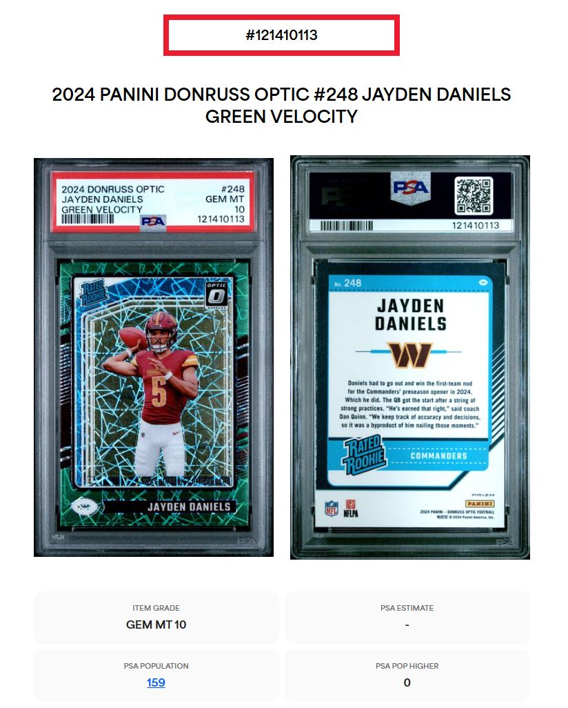 2024 Panini Donruss Optic Jayden Daniels Green Velocity #248 PSA 10