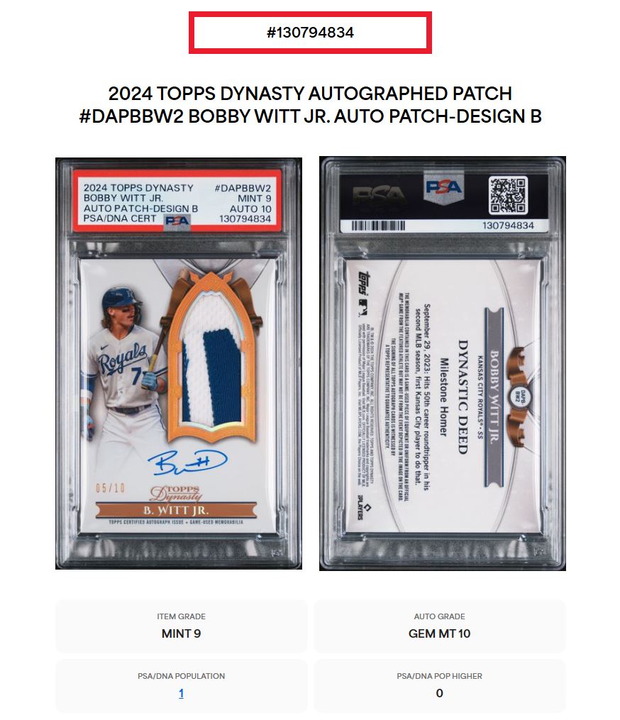 2024 Topps Dynasty Bobby Witt Jr. Auto Patch Vertical PSA 9 W 10 Auto #'d 05/10