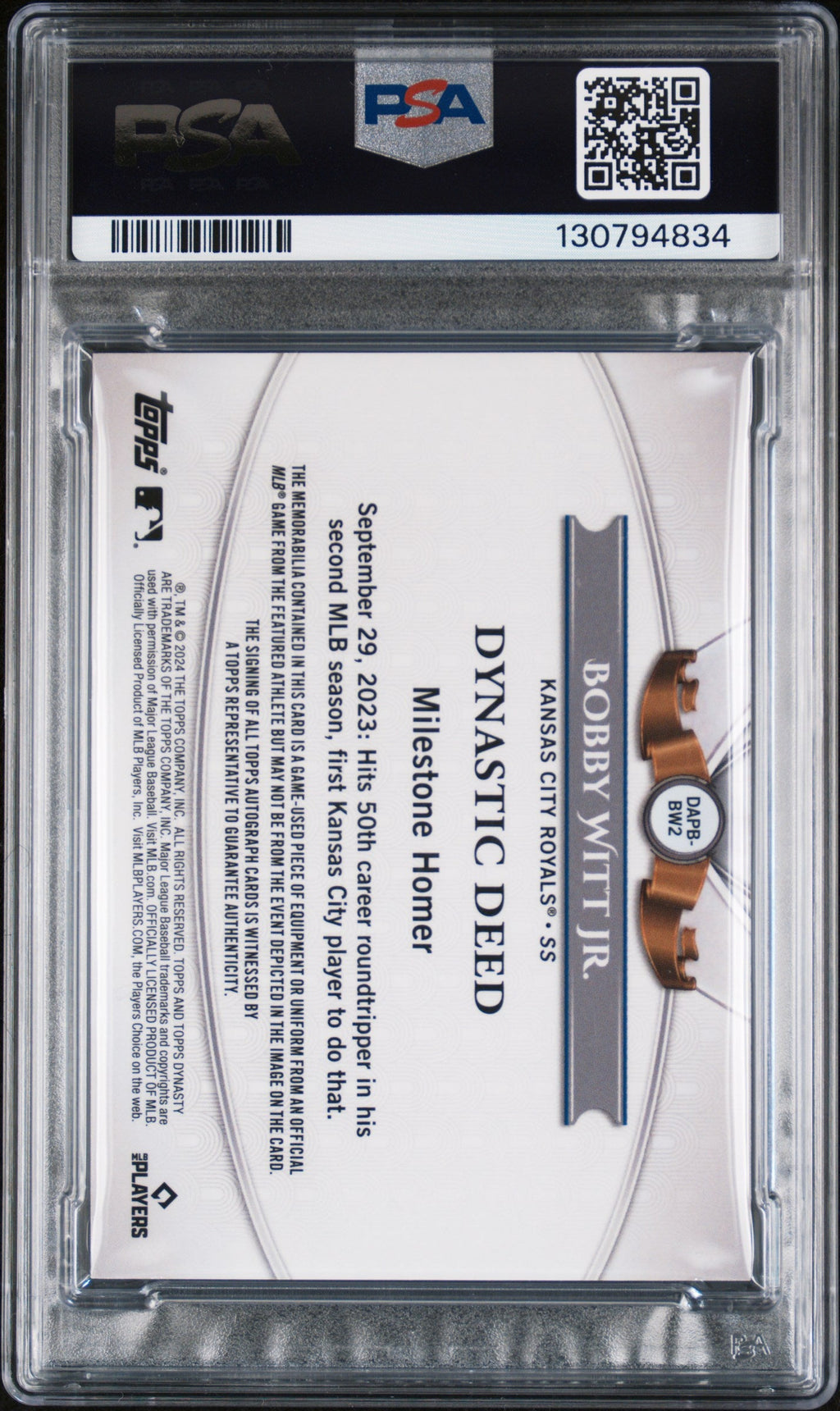 2024 Topps Dynasty Bobby Witt Jr. Auto Patch Vertical PSA 9 W 10 Auto #'d 05/10