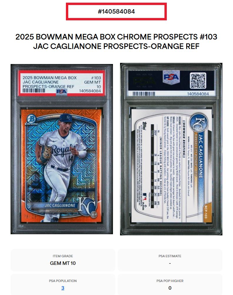 2025 Bowman Mega Box Chrome Jac Caglianone Prospect Orange Refractor PSA 10